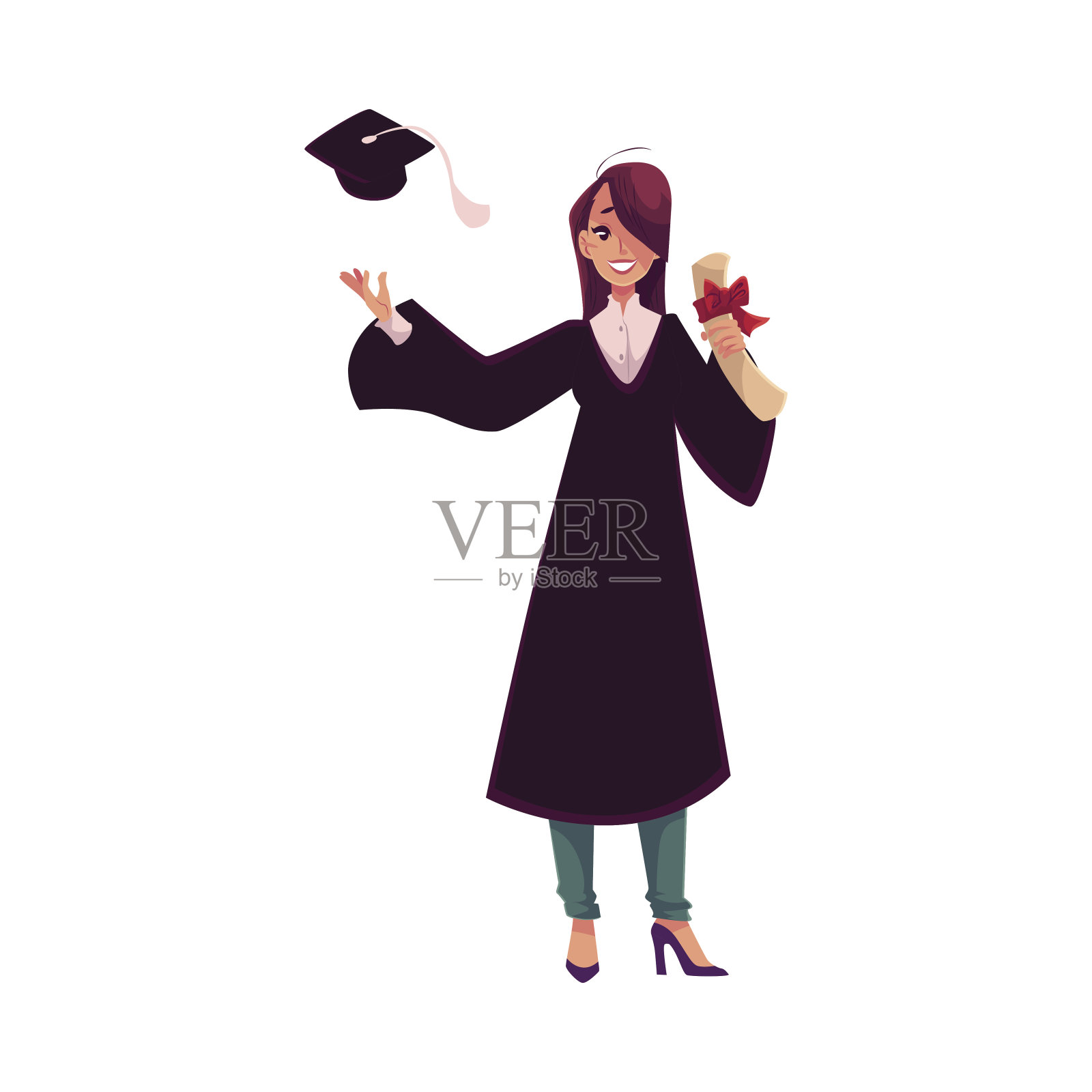 女学生在传统长袍扔帽和持有文凭插画图片素材