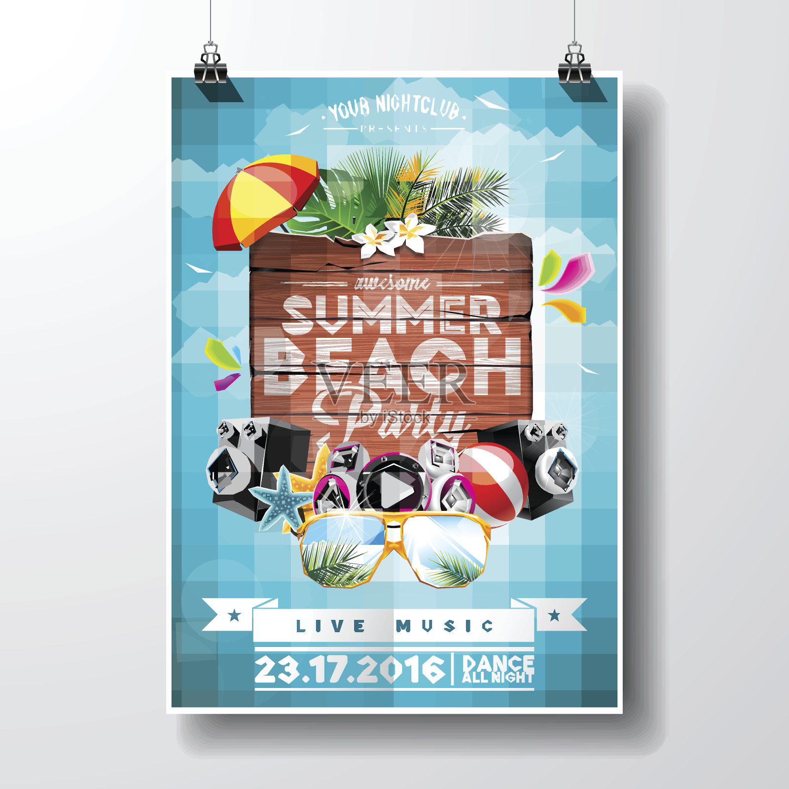 夏日海滩派对传单设计与自然花卉元素设计模板素材
