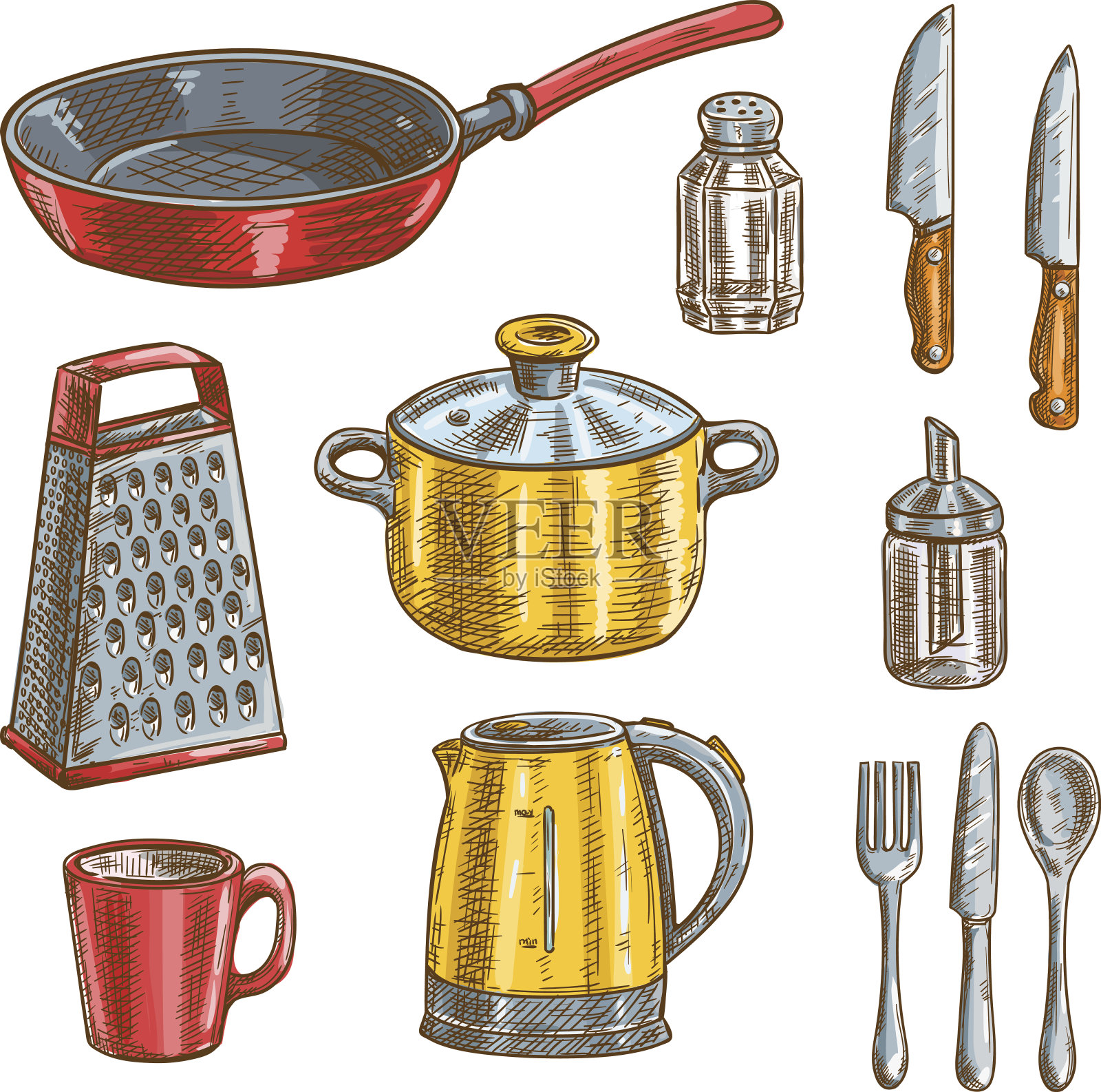 厨房和烹饪用具草图插画图片素材