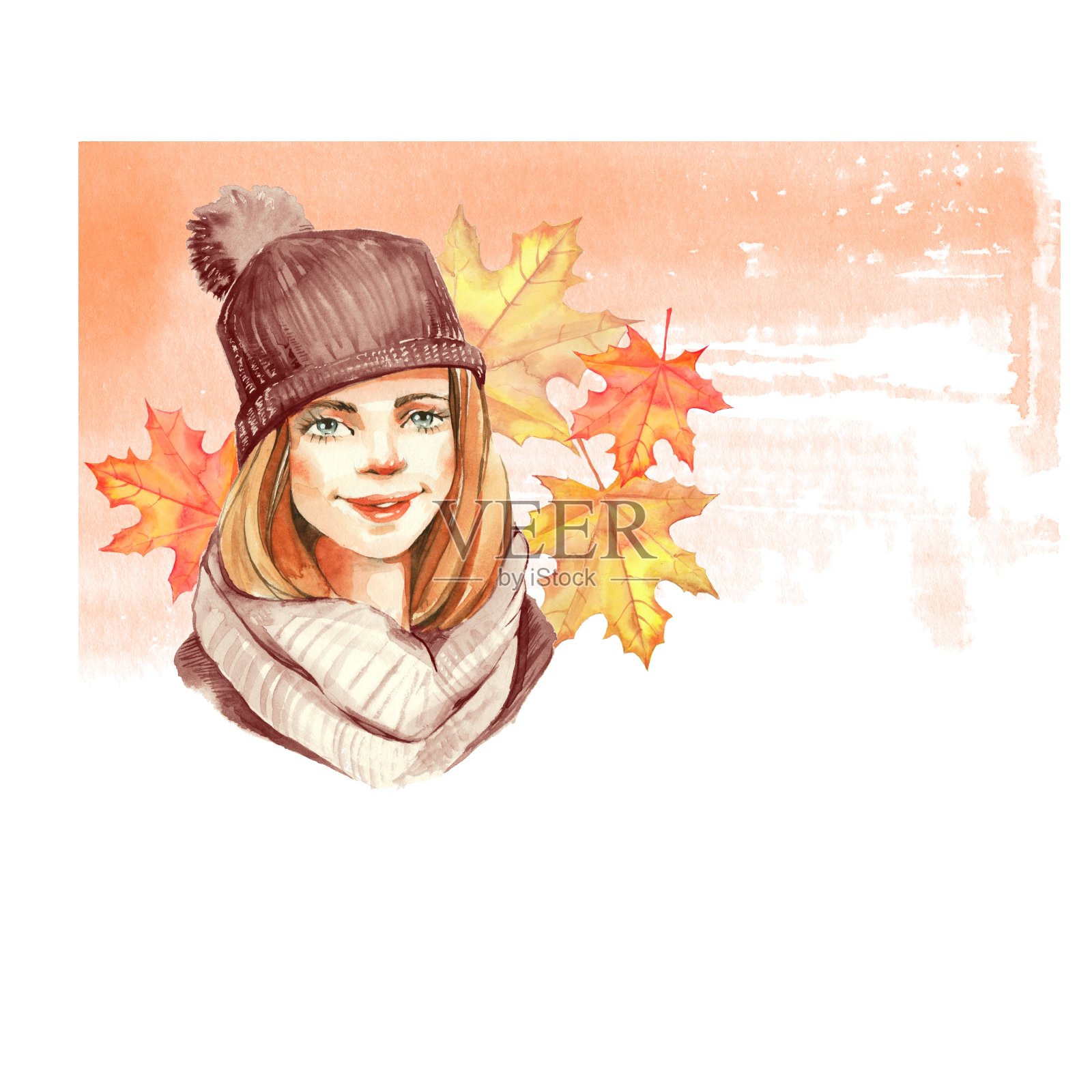 秋天的女孩。水彩插图与地方的文本1插画图片素材
