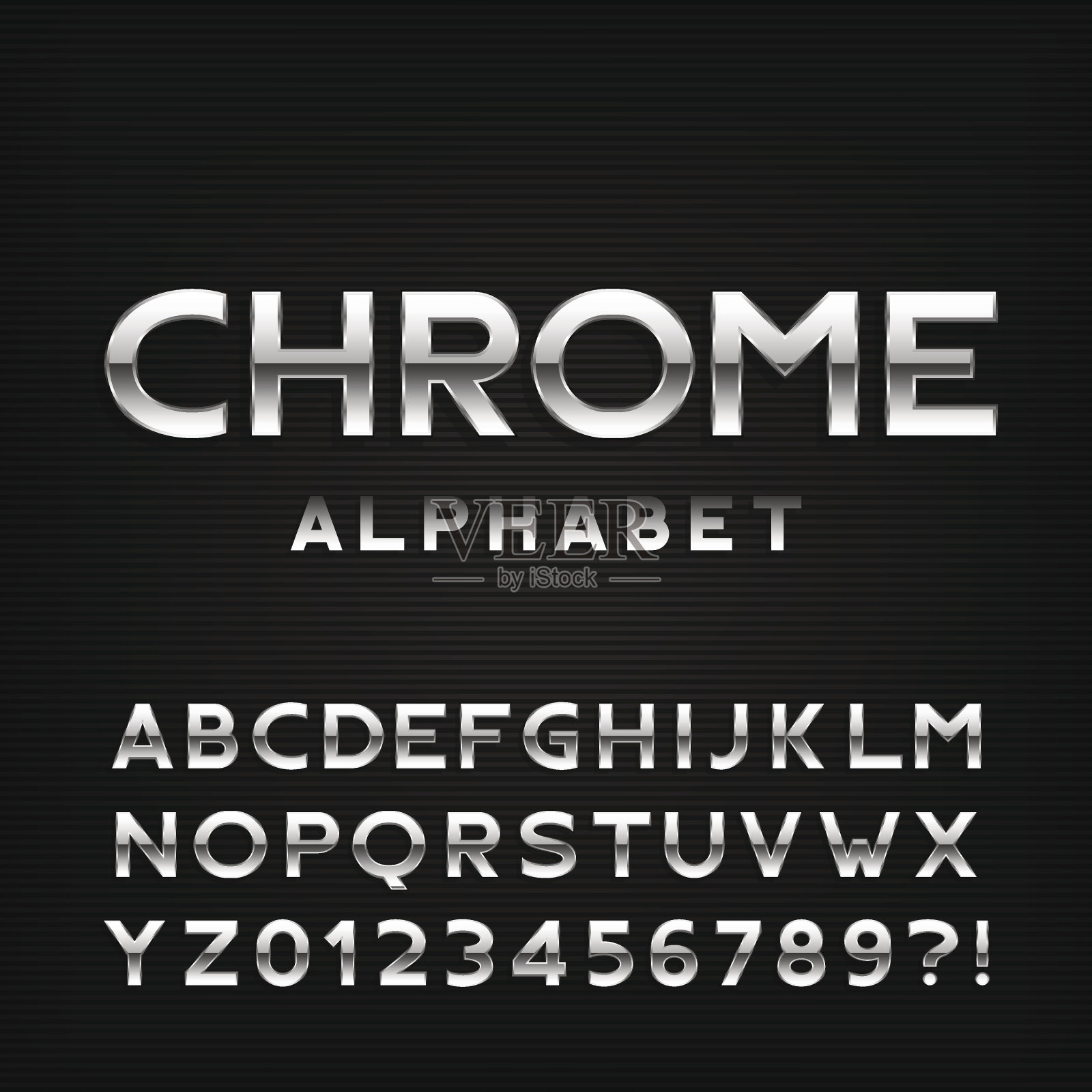 Chrome字母字体。金属效应字母和数字。设计元素图片