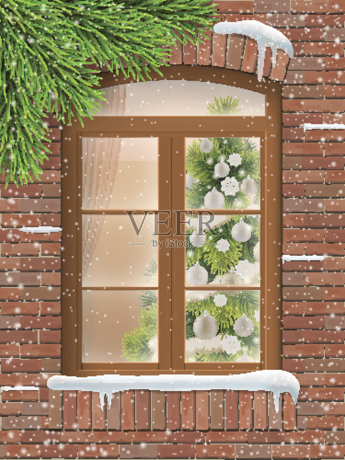 圣诞之窗在雪与冷杉树插画图片素材