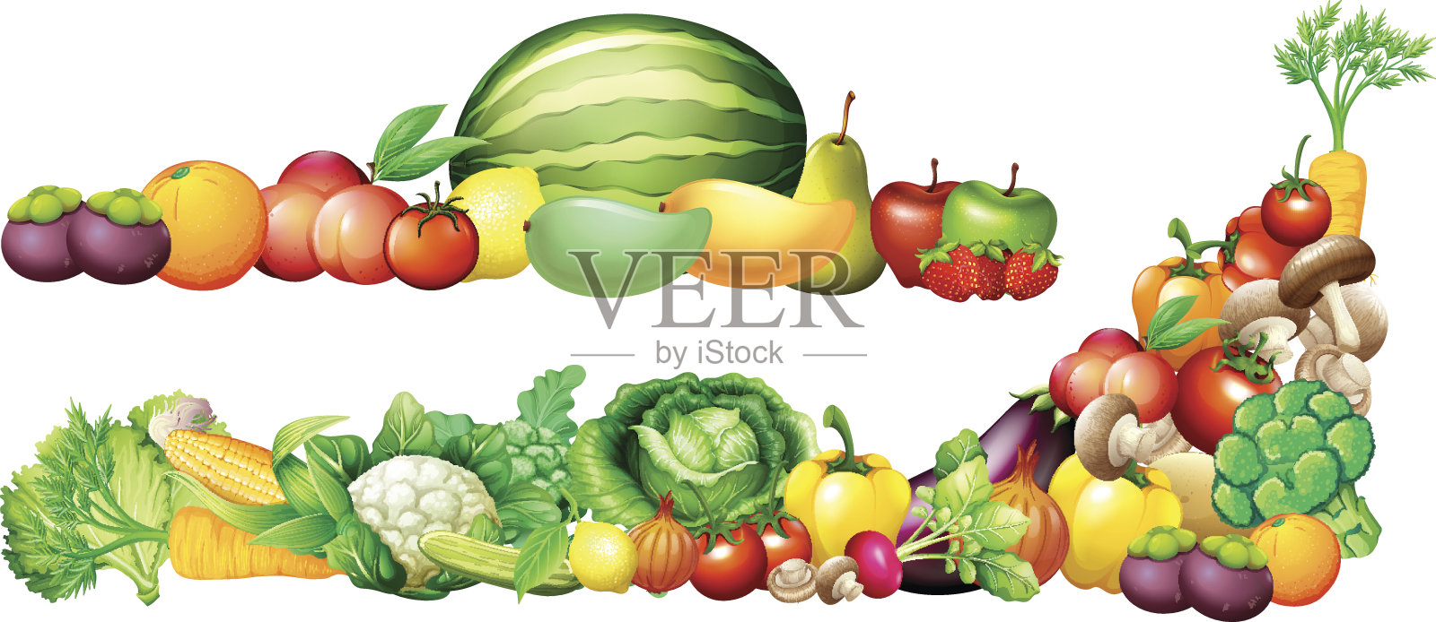 一堆新鲜的蔬菜和水果插画图片素材