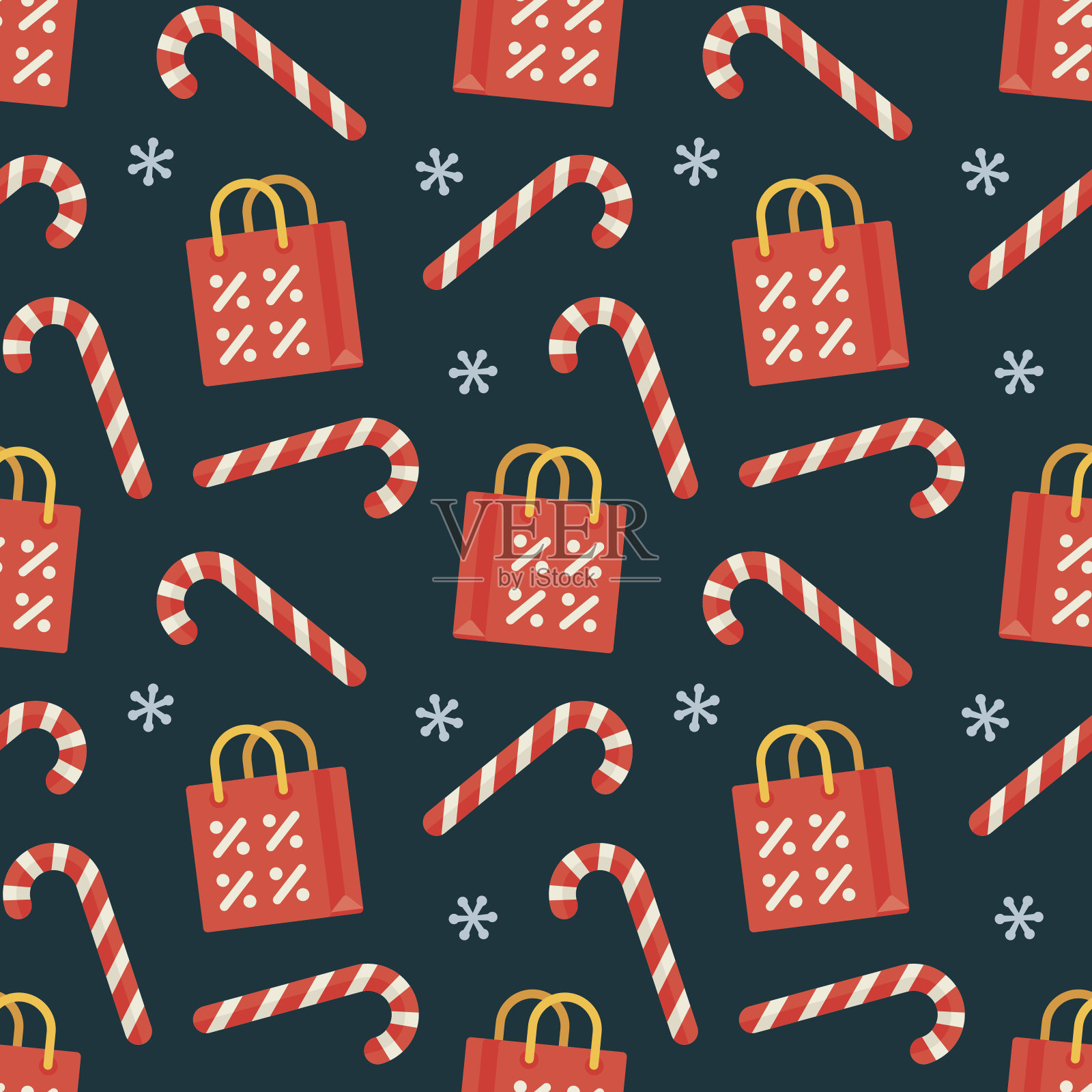 无缝扁平圣诞图案的糖果手杖和购物袋插画图片素材