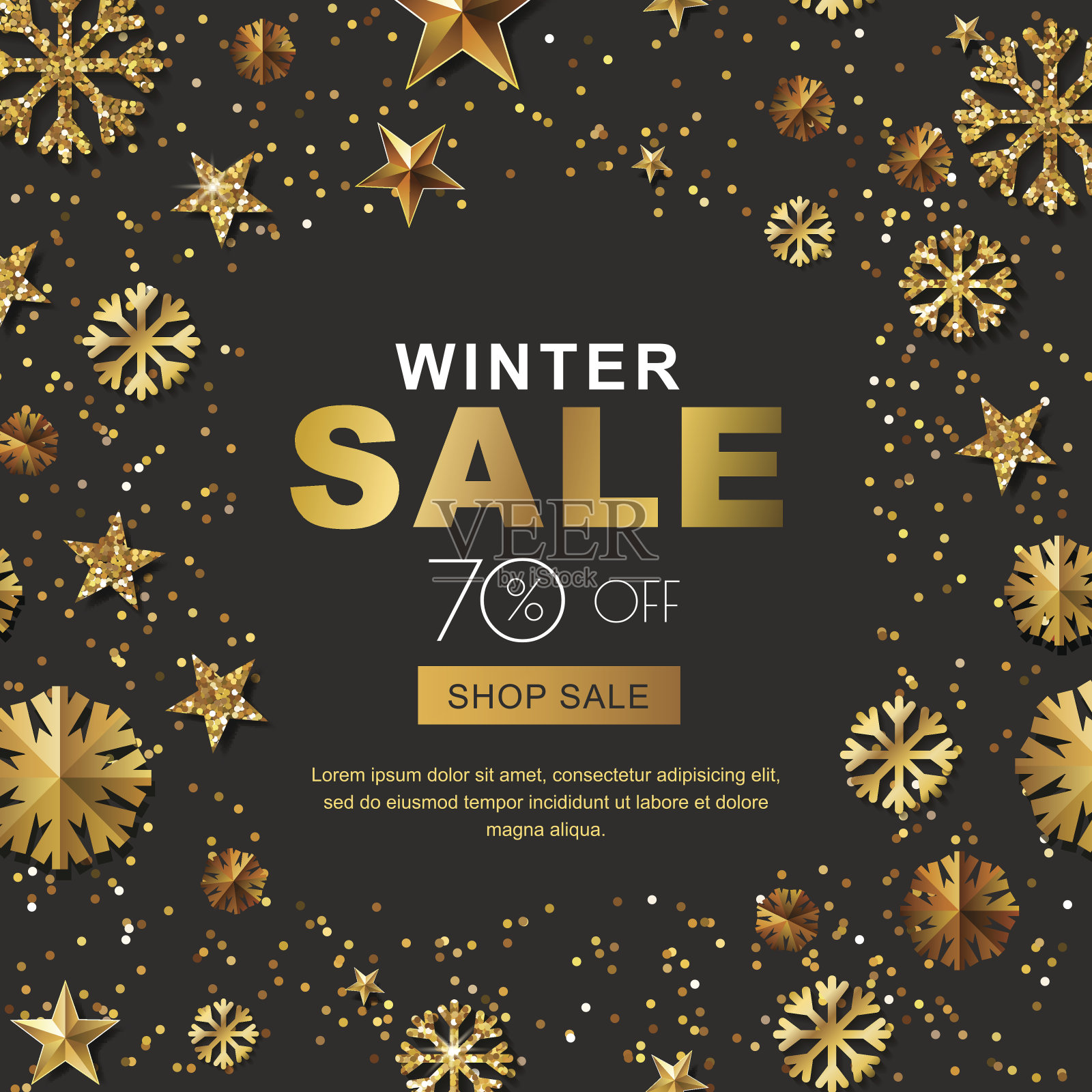 冬季销售横幅与3d金色雪花。向量的背景。插画图片素材