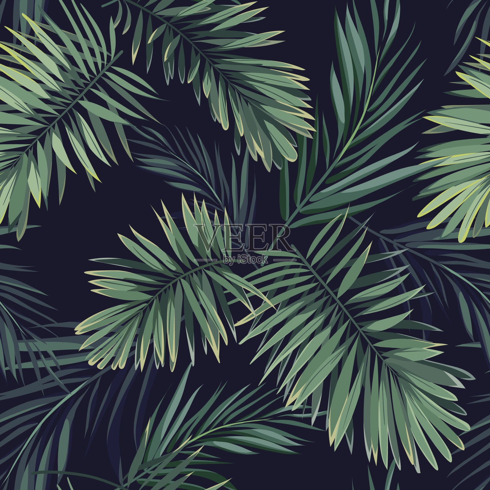 深色热带背景与丛林植物。无缝矢量热带模式与绿色凤凰棕榈叶插画图片素材