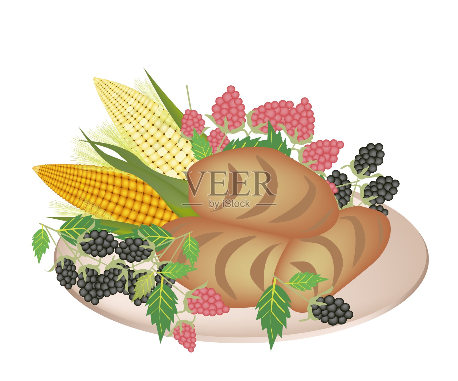 一盘玉米面包配浆果和甜玉米插画图片素材