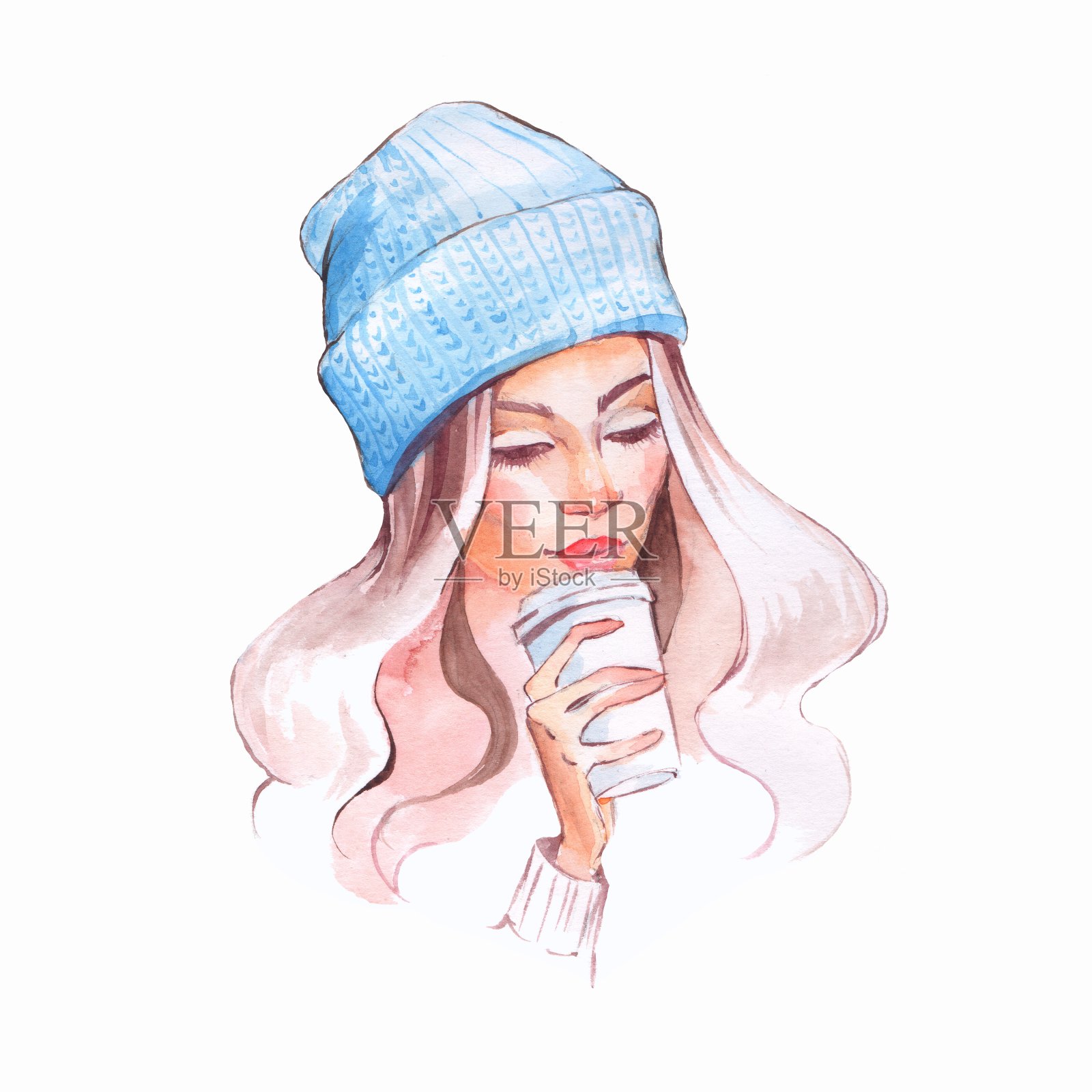 年轻漂亮的女孩的肖像在寒冷的天气穿着暖和的帽子插画图片素材