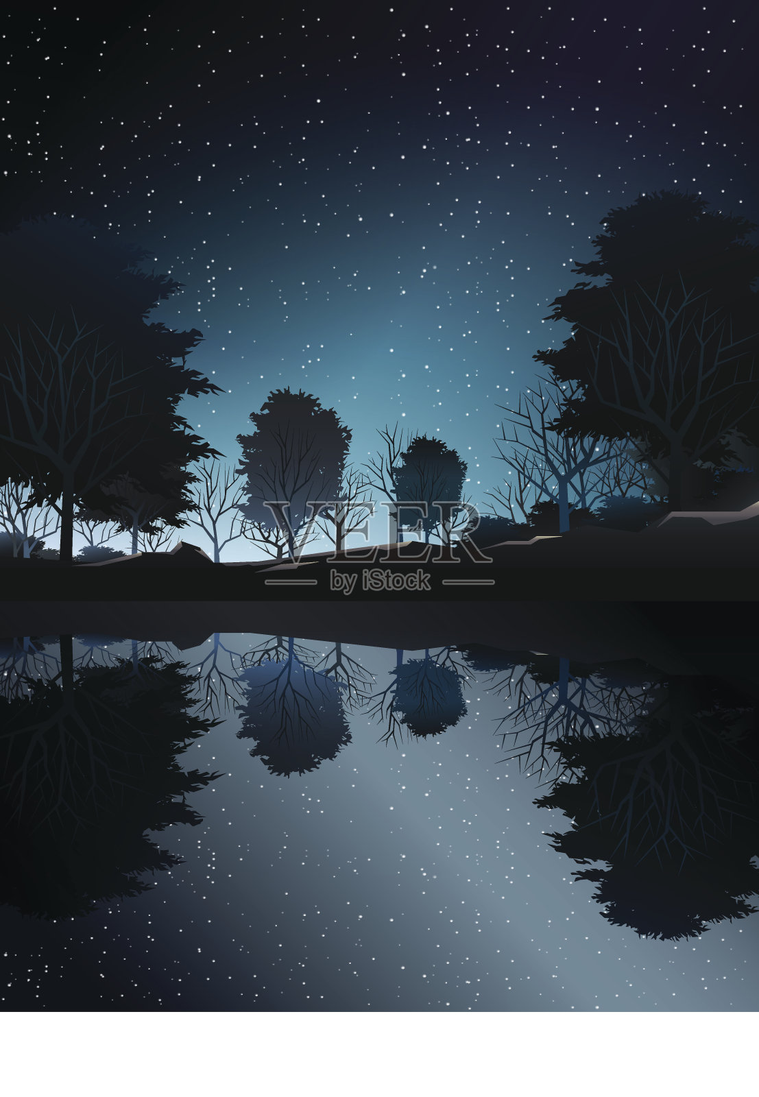 夜晚在湖边的树林深处插画图片素材