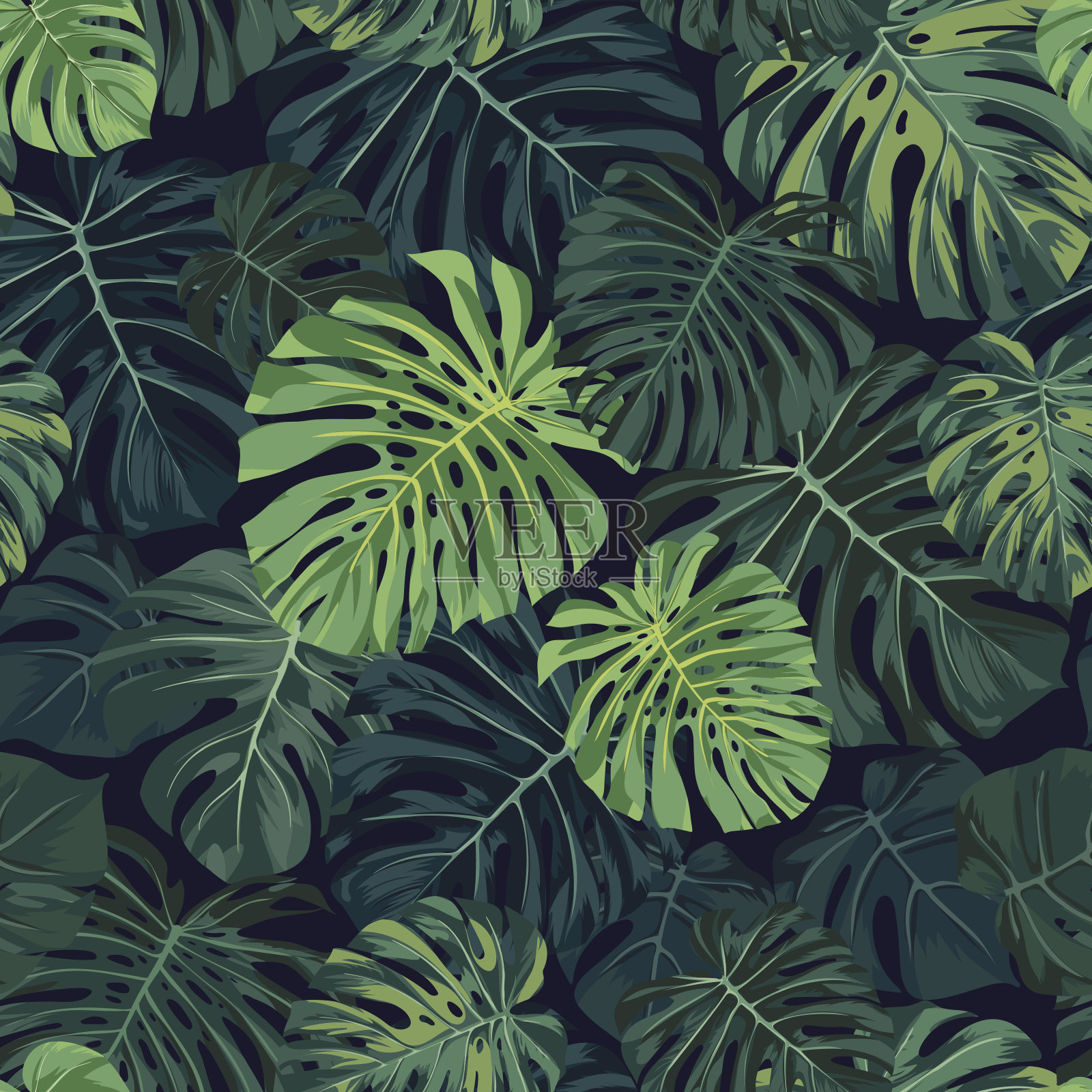 无缝矢量热带模式与绿色怪物棕榈叶在黑暗的背景。异国情调的夏威夷织物设计插画图片素材