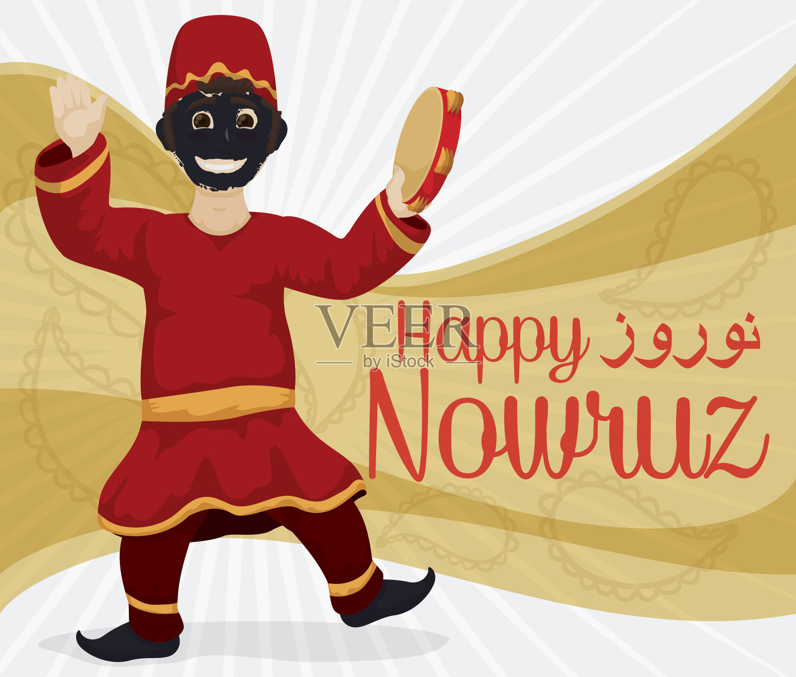 传统男子乔装成Hajji Firuz与手鼓庆祝诺鲁孜节设计模板素材