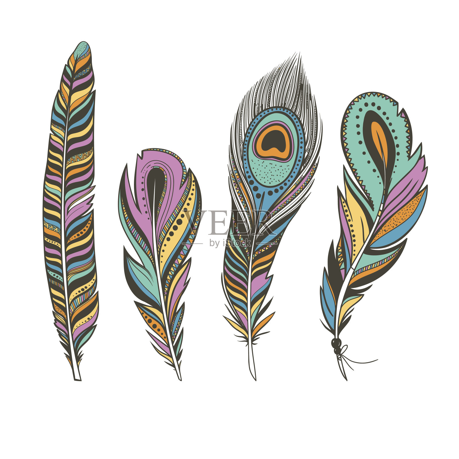 一套色彩鲜艳的鸟羽毛与民族装饰插画图片素材