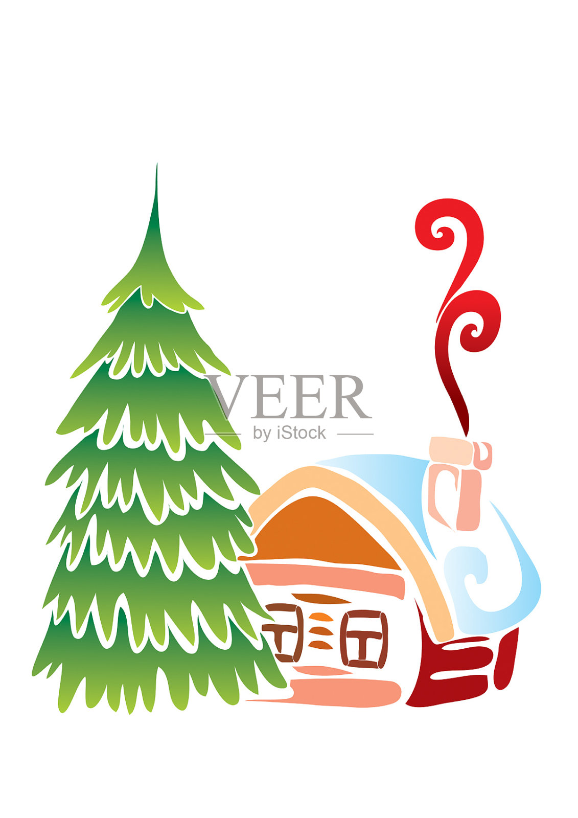 有一棵皮草树的圣诞小屋设计元素图片