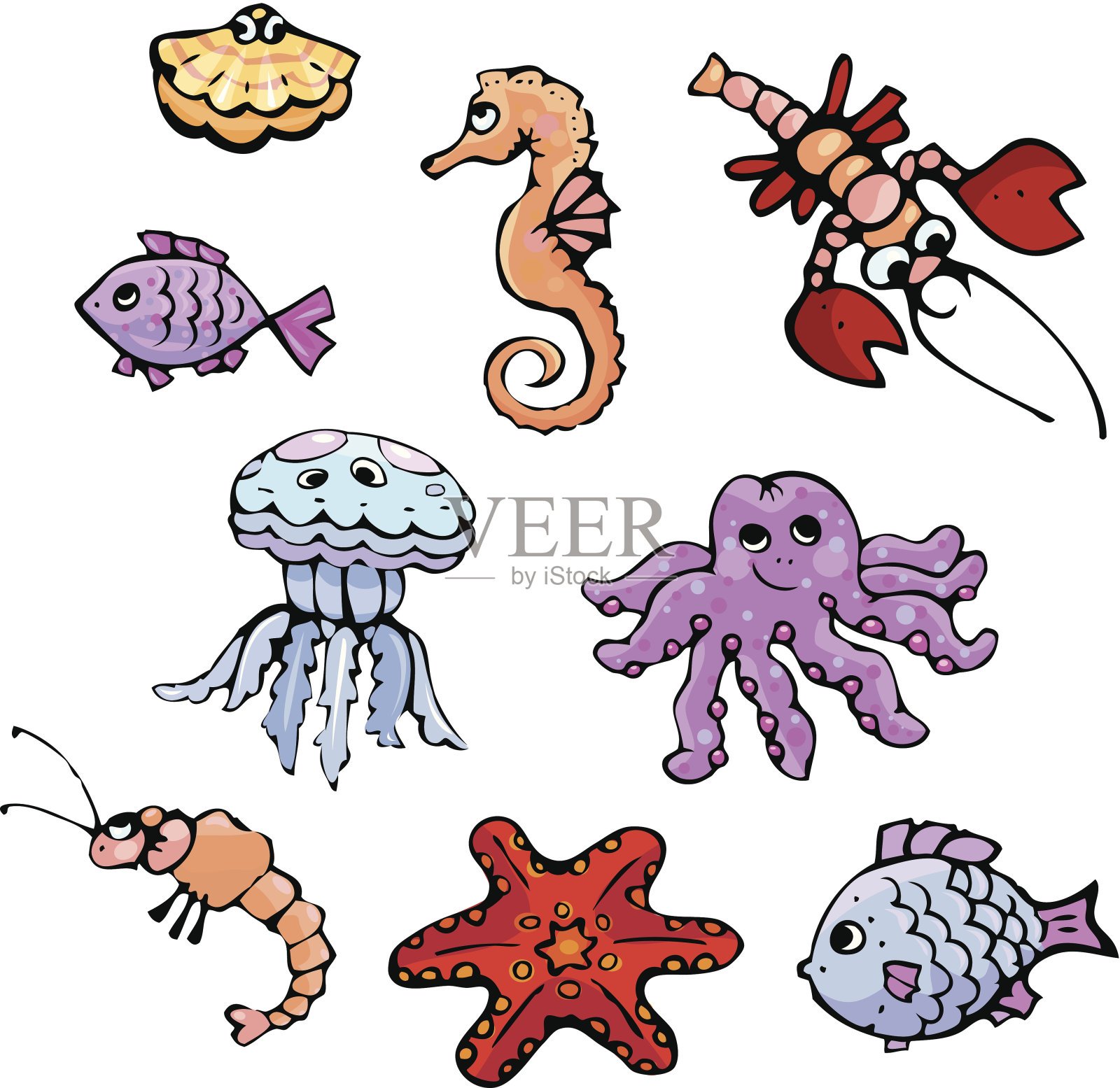 鱼，海马，小龙虾，水母，海星，虾，对虾，章鱼设计元素图片