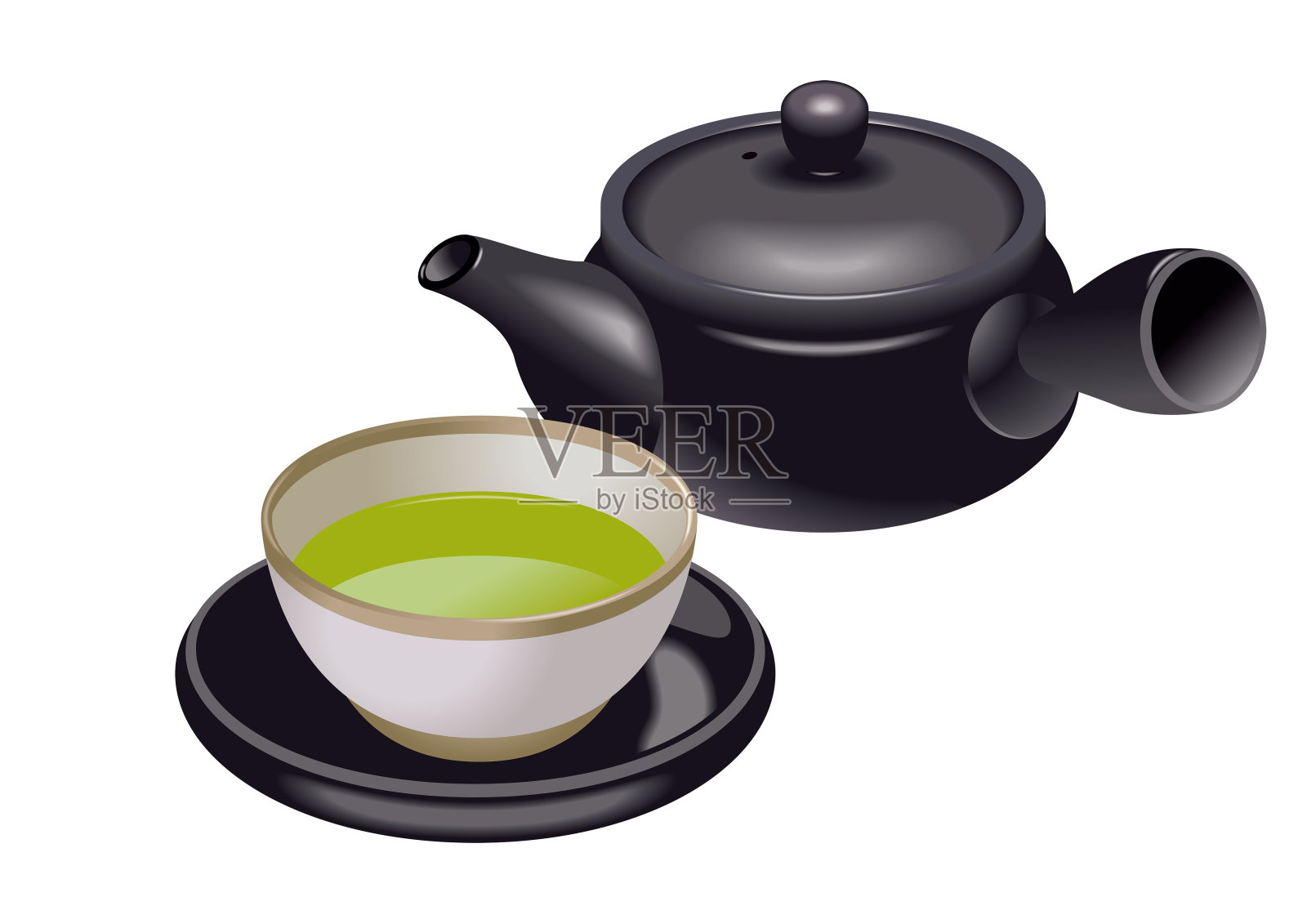 亚洲茶具插图。黑色。设计元素图片