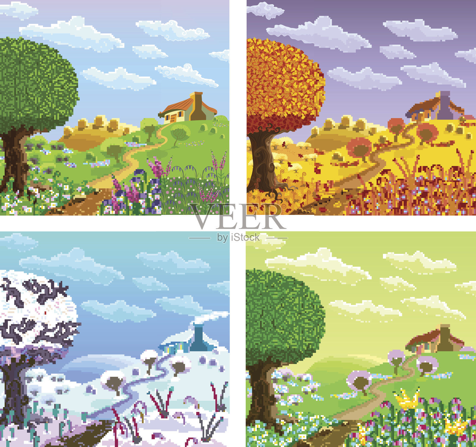 农村景观。四个季节。插画图片素材