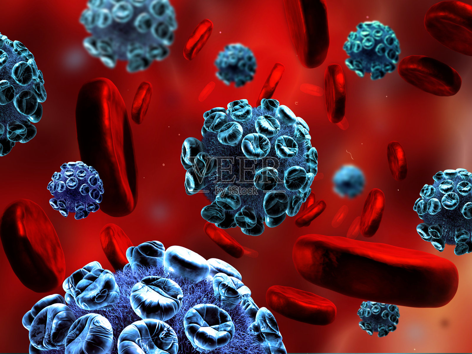 病毒和血细胞的详细3d插图。照片摄影图片