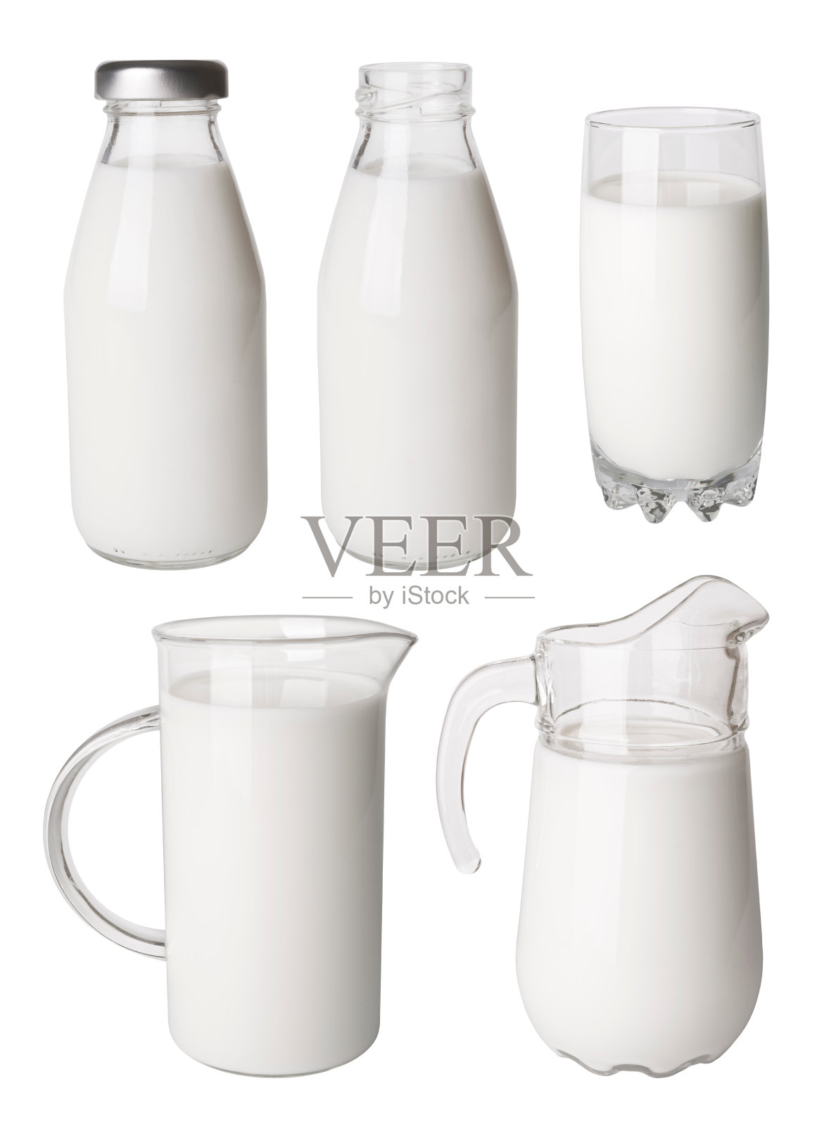 瓶子，玻璃和罐子与牛奶隔离在白色背景照片摄影图片