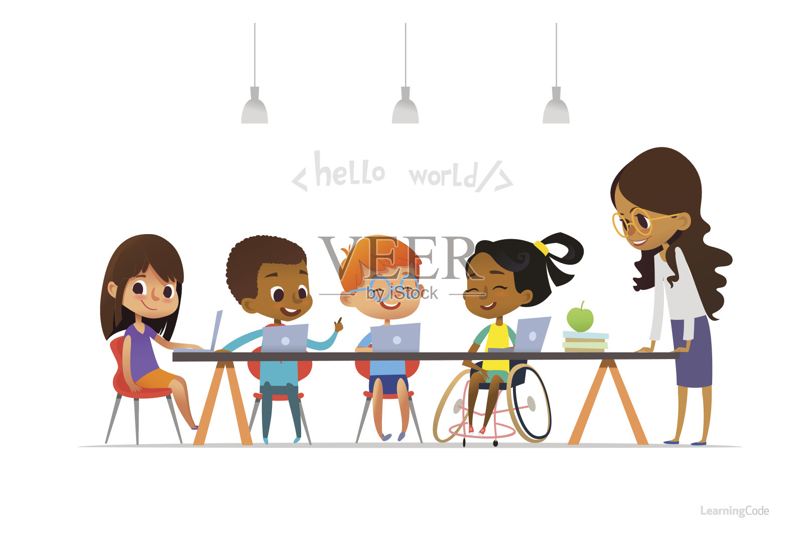 轮椅上的残疾女孩和其他坐在笔记本电脑前学习编码信息课的儿童。学校全纳教育理念。矢量插图为网站，广告。插画图片素材