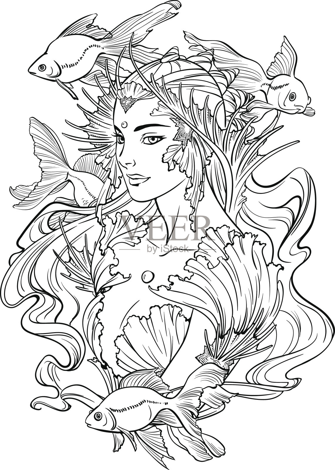 美人鱼公主和金鱼的插图。插画图片素材