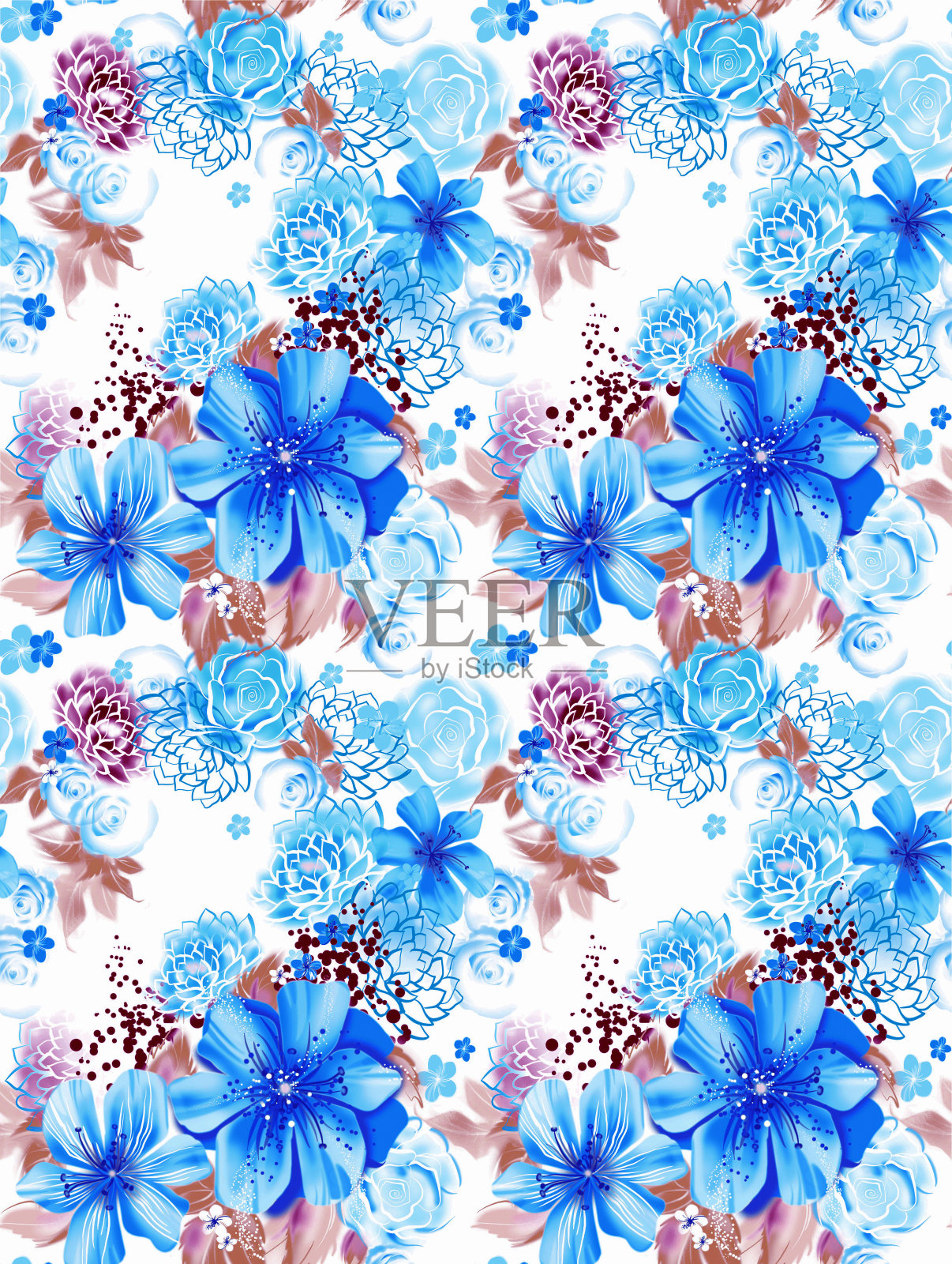无缝纹理与蓝色花朵水彩技术插画图片素材