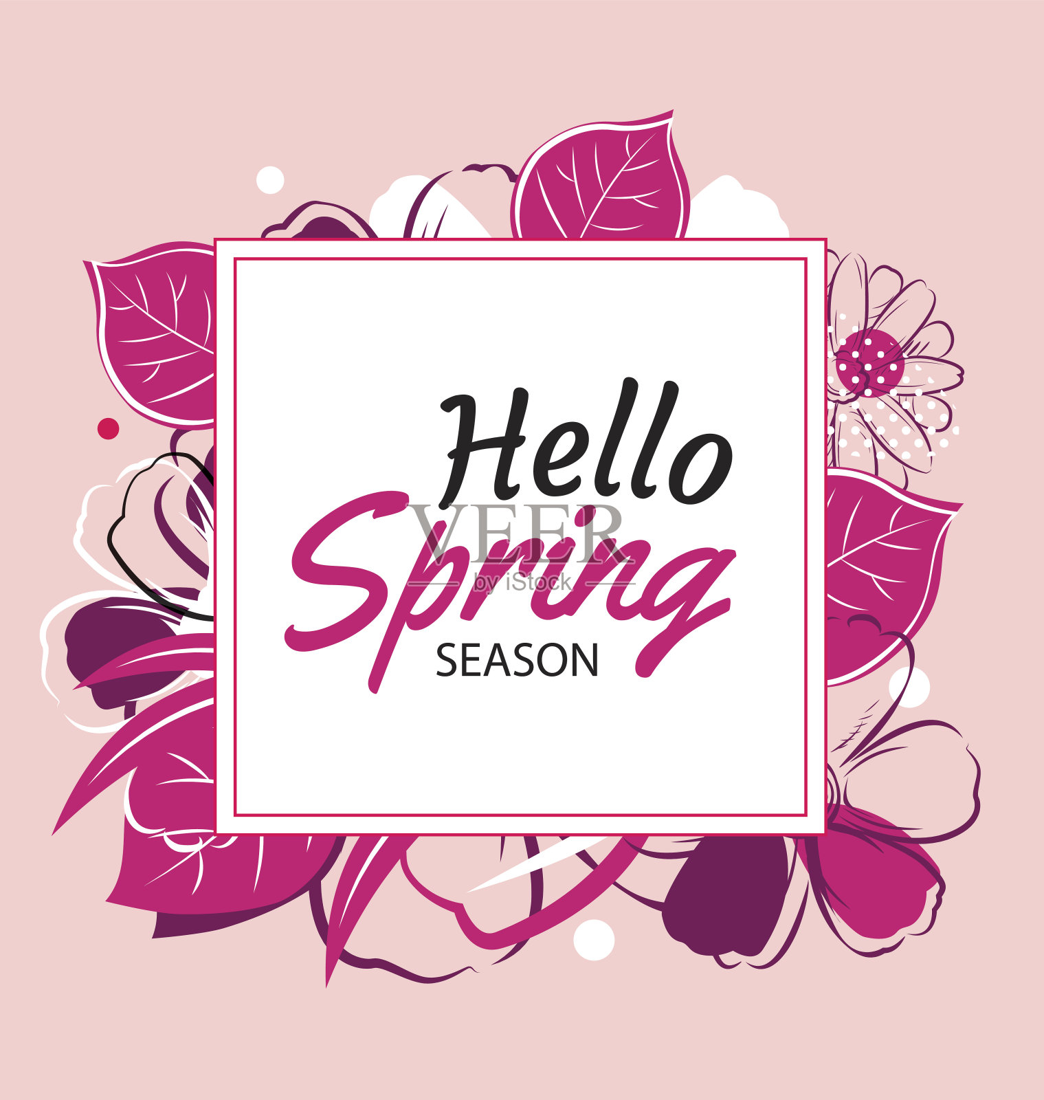 你好春天横幅模板与五颜六色的花。可使用代金券、墙纸、传单、邀请函、海报、宣传册、优惠券等优惠。插画图片素材