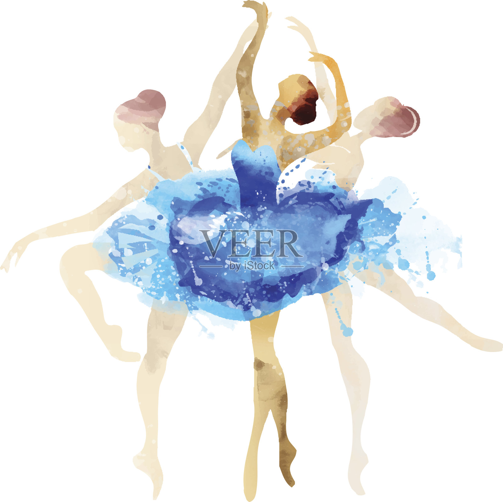 芭蕾舞者在蓝色矢量水彩插画图片素材