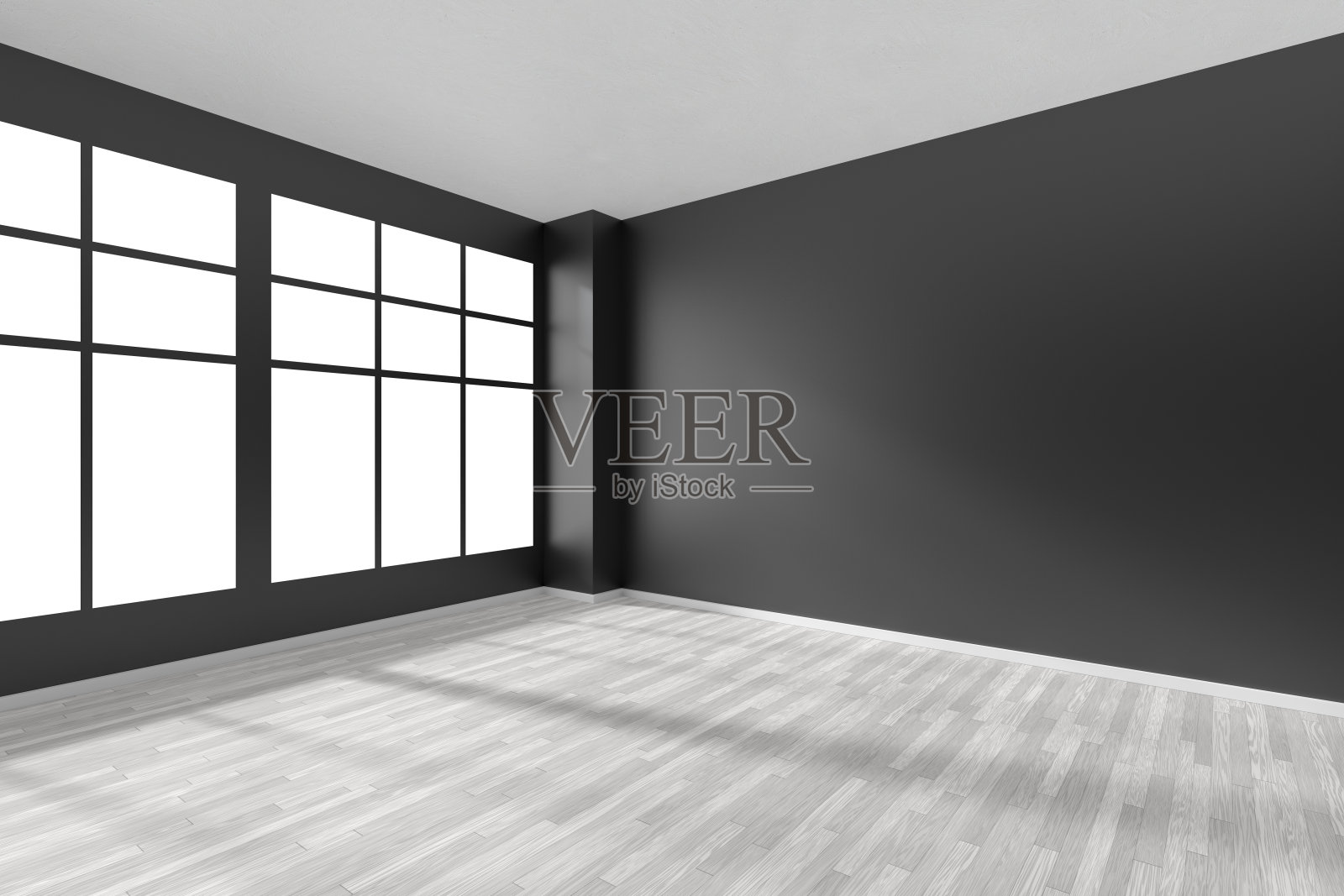 白色拼花地板，黑色墙壁和窗户的空房间照片摄影图片