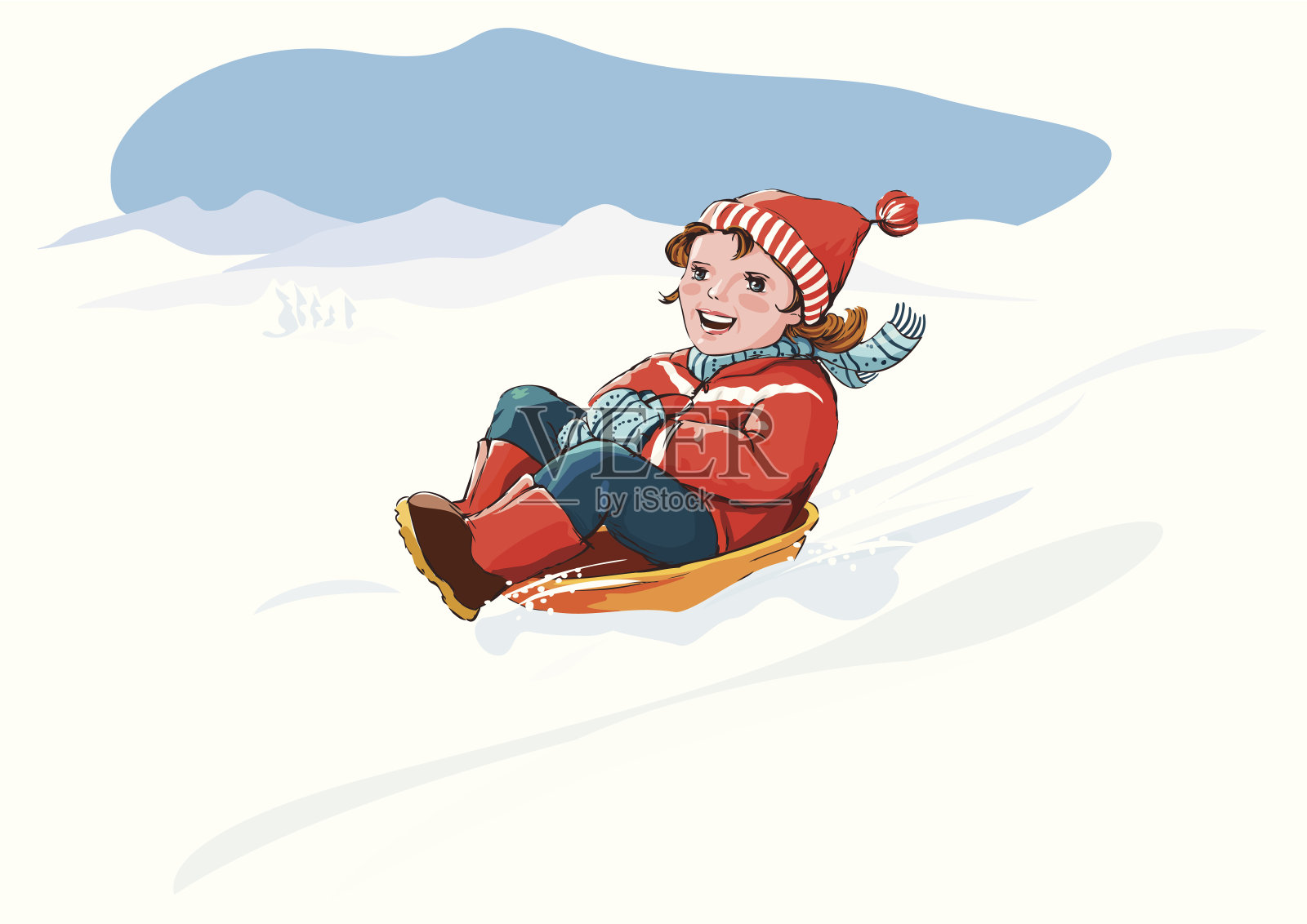 小朋友带着雪橇，欢度寒假插画图片素材