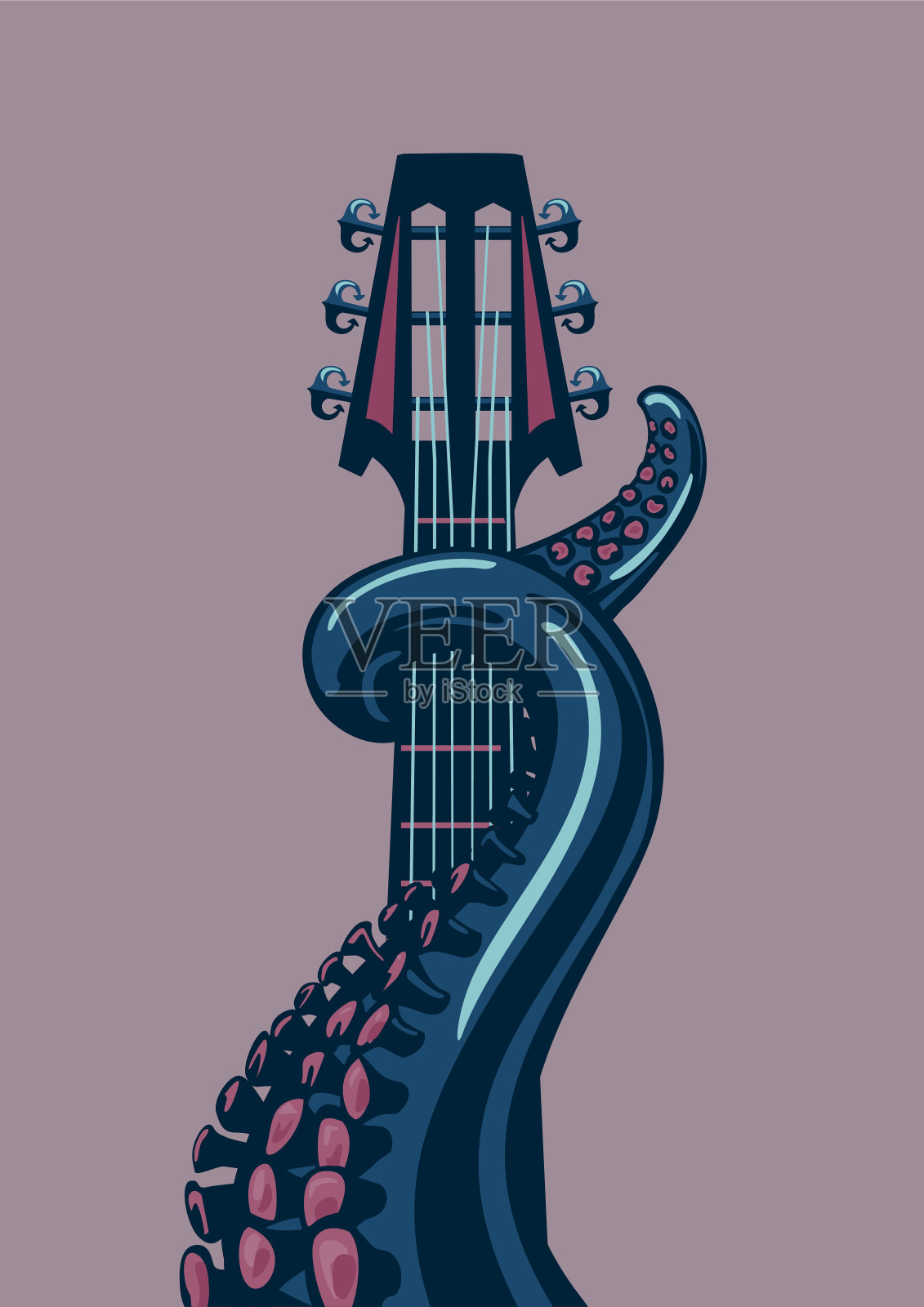 章鱼的触手正握着吉他的即兴演奏。插画图片素材