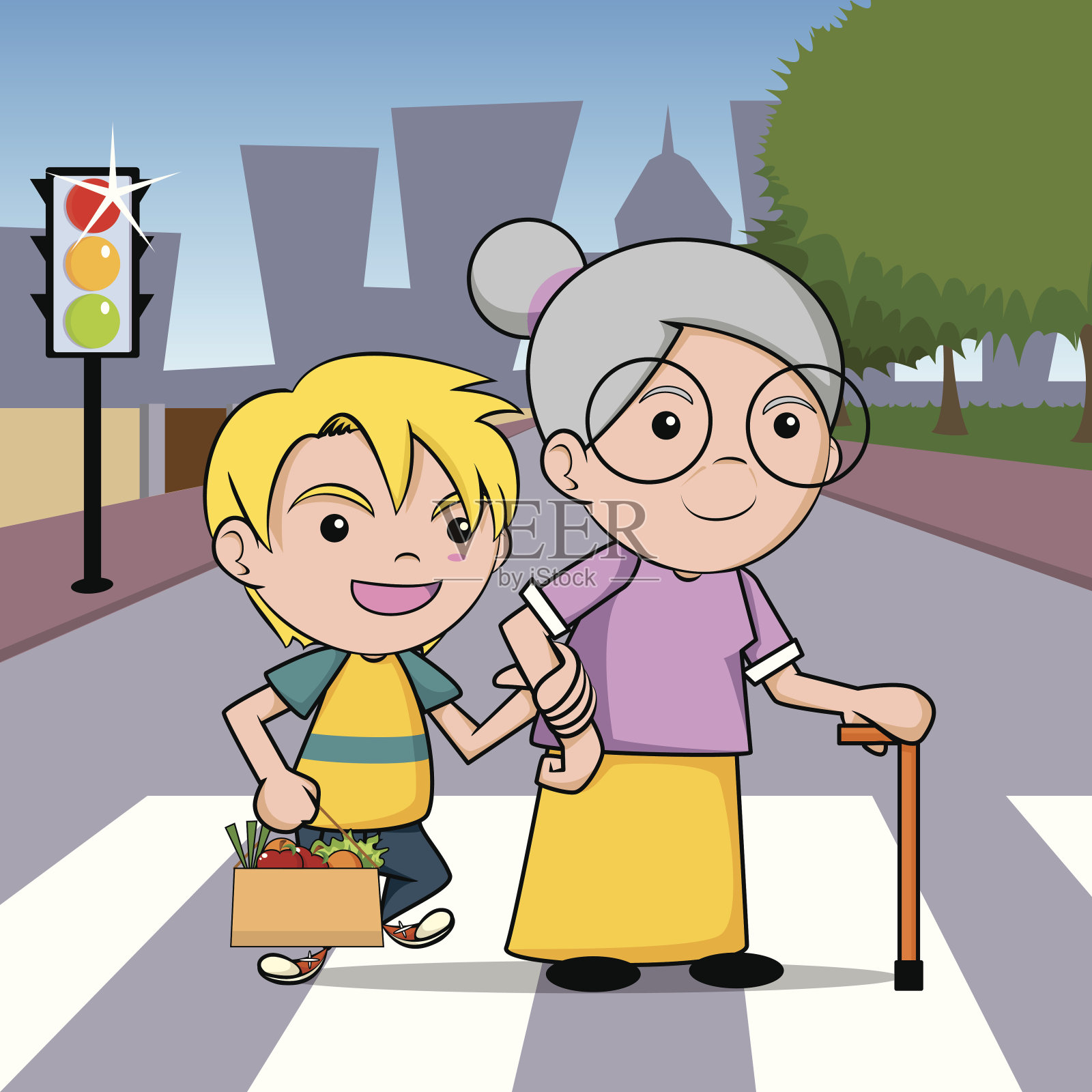 孩子帮助老太太过马路。插画图片素材