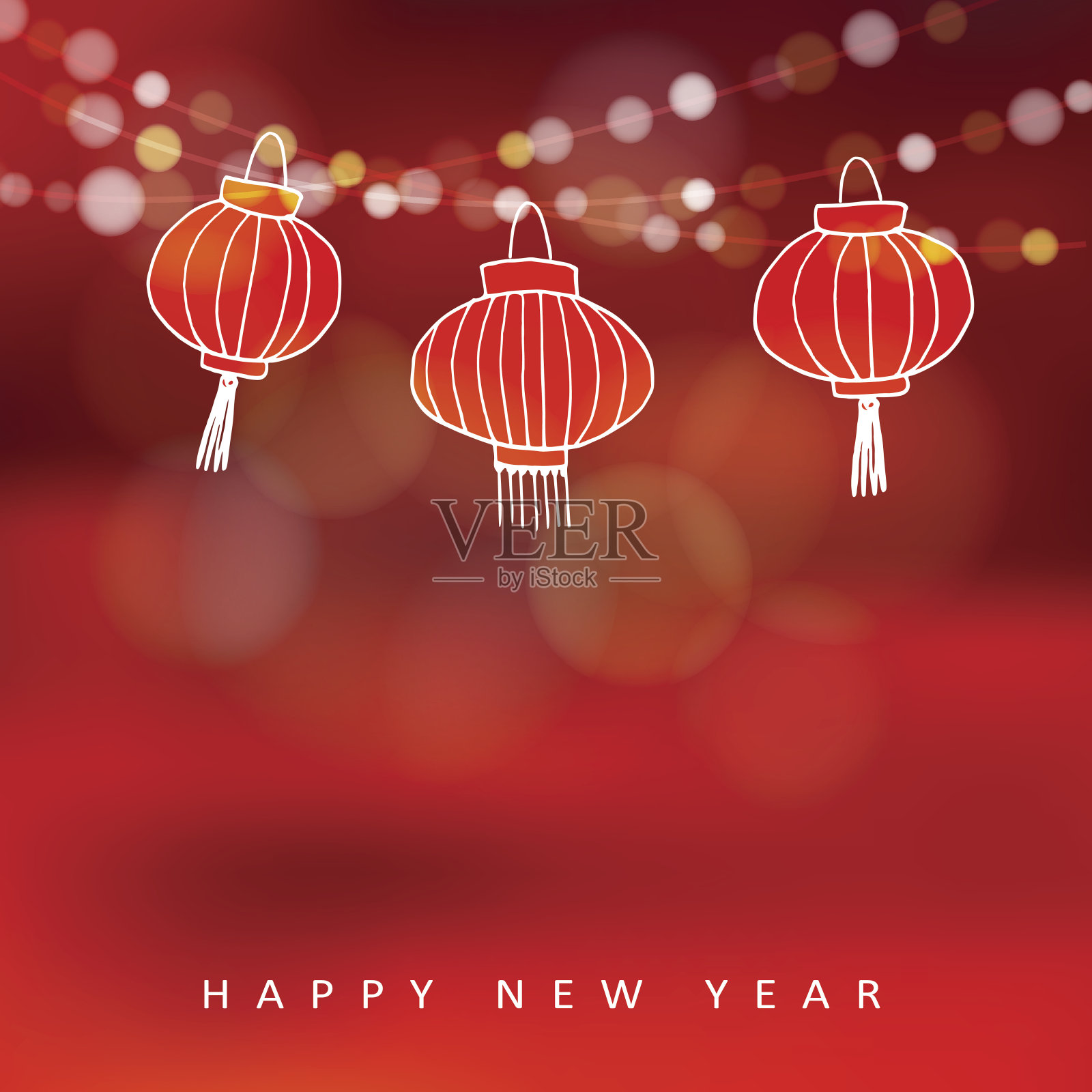 中国新年卡片与手绘纸灯笼，矢量插画图片素材