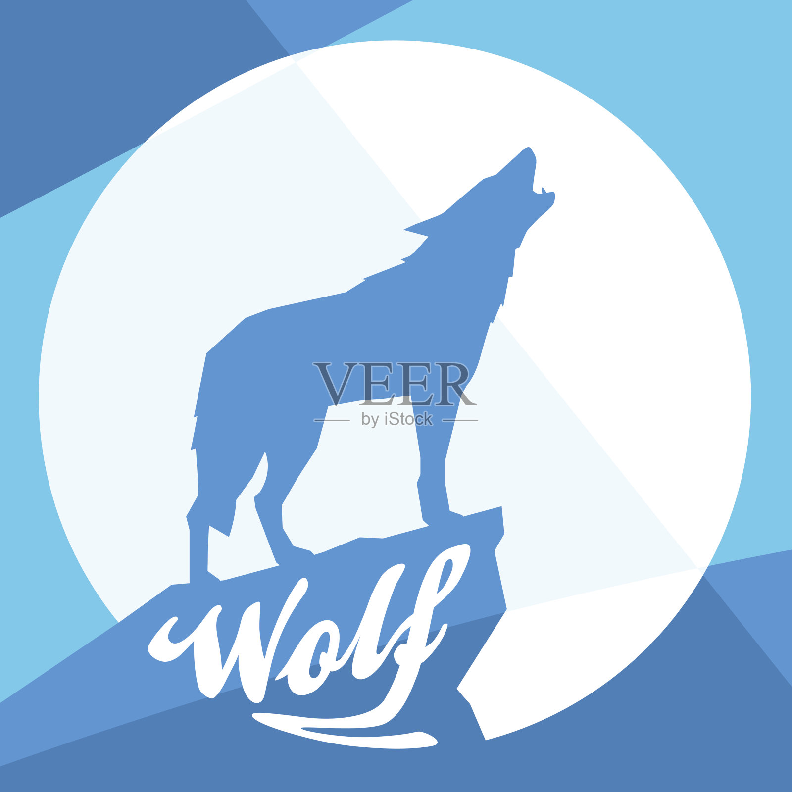 满月和嗥叫的狼的剪影在蓝色的背景插画图片素材