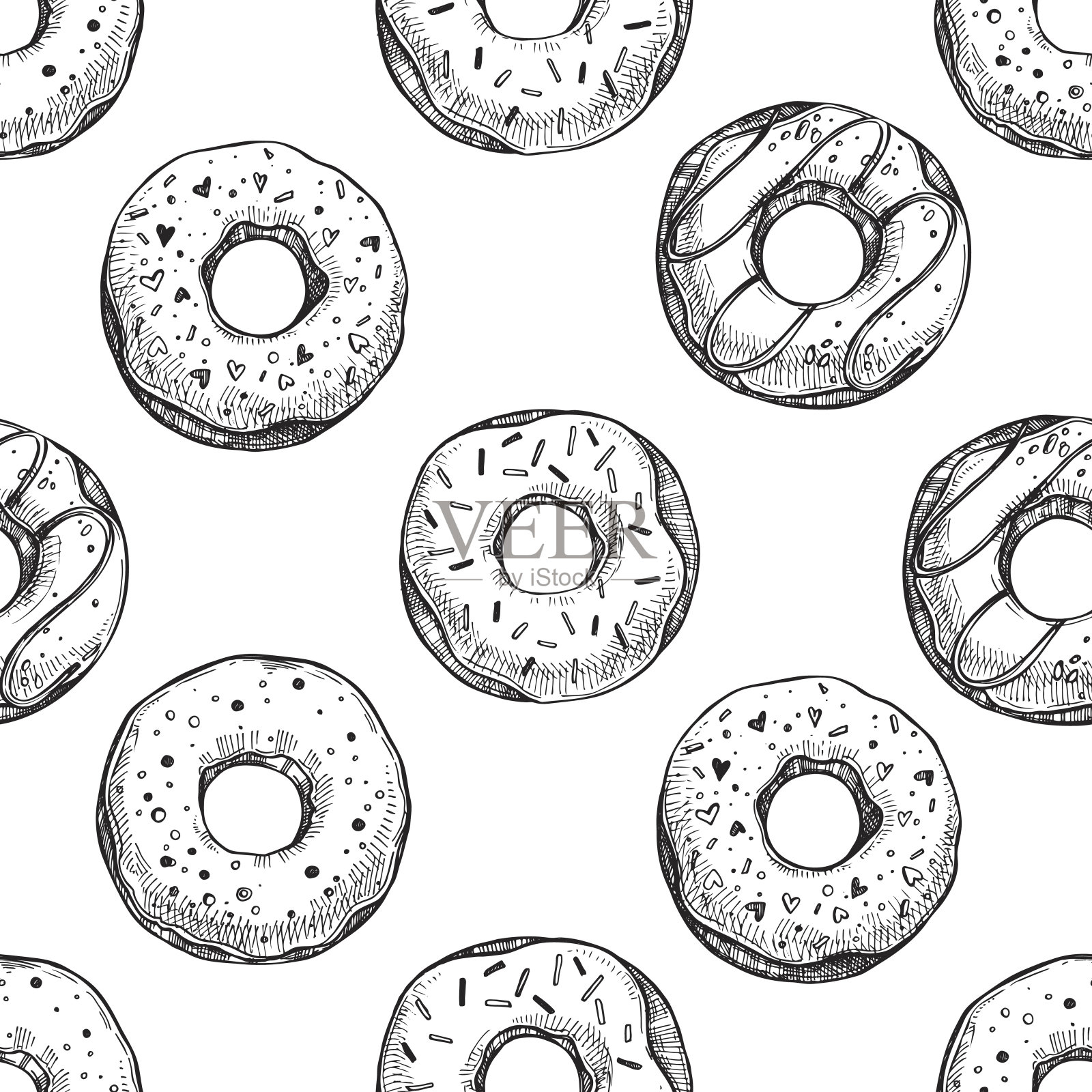 手绘矢量插图-无缝模式与美味的甜甜圈设计元素图片