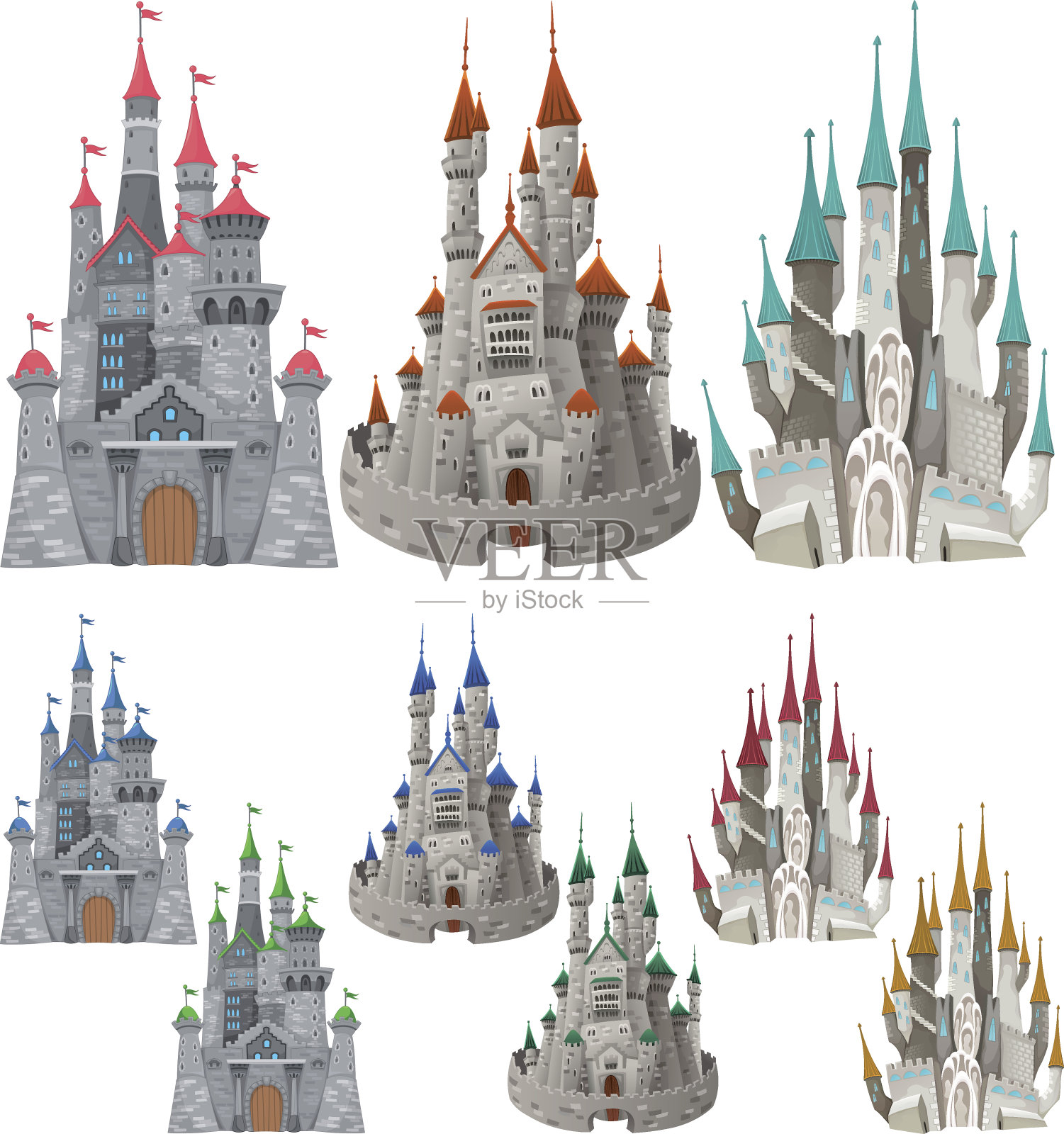 不同颜色的中世纪城堡。插画图片素材