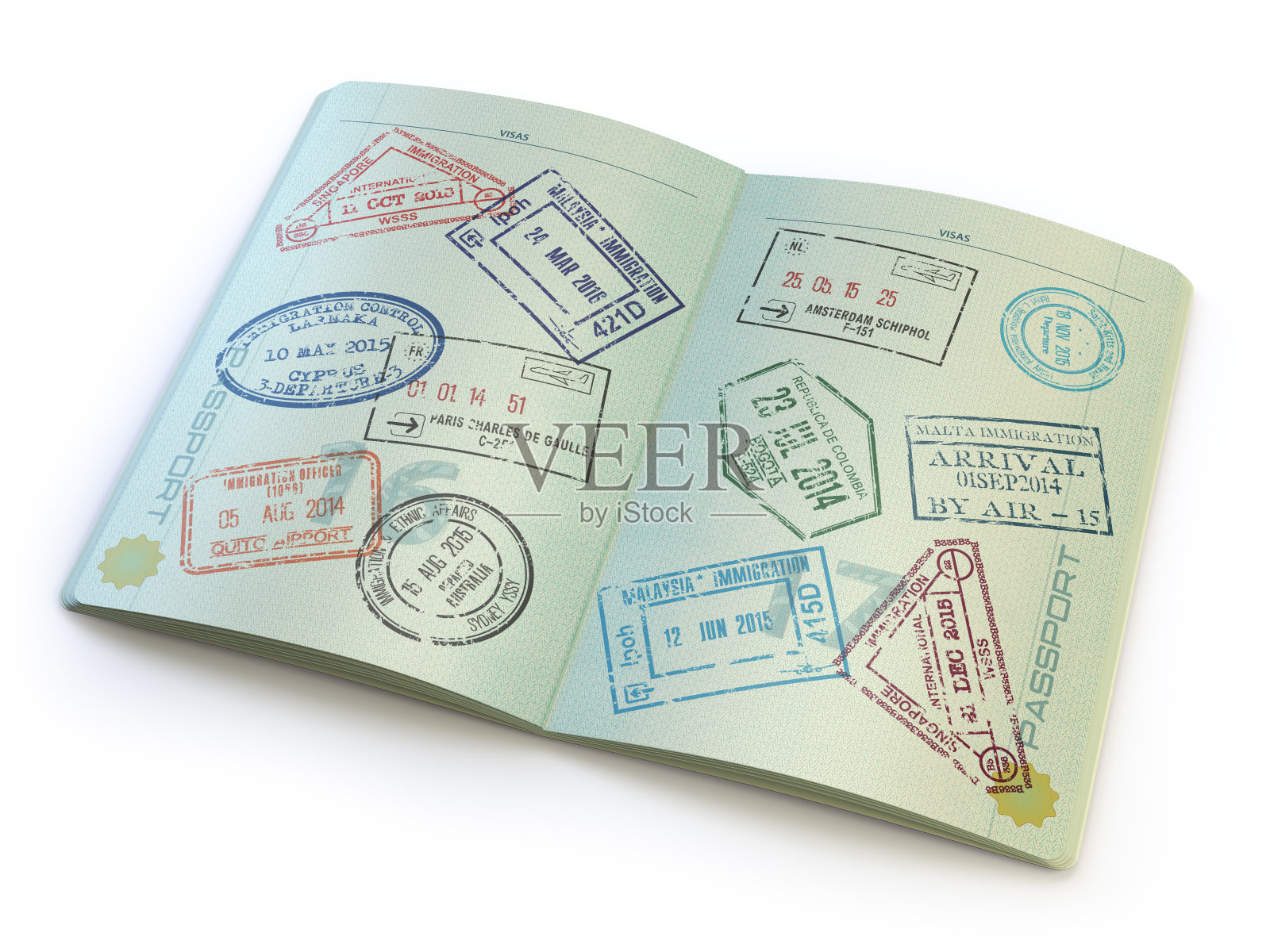 打开的护照页上有签证章照片摄影图片