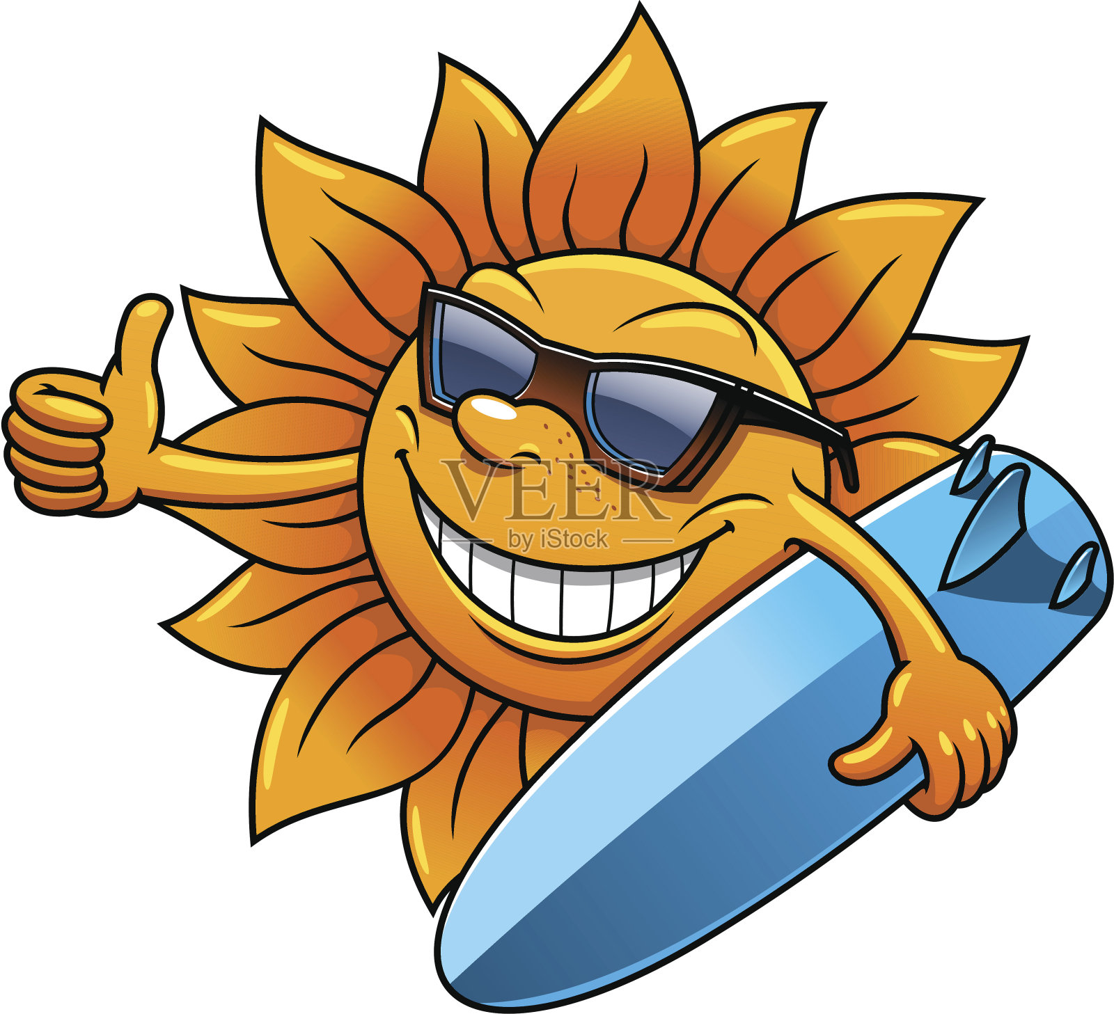 卡通太阳人物与太阳镜和冲浪板插画图片素材