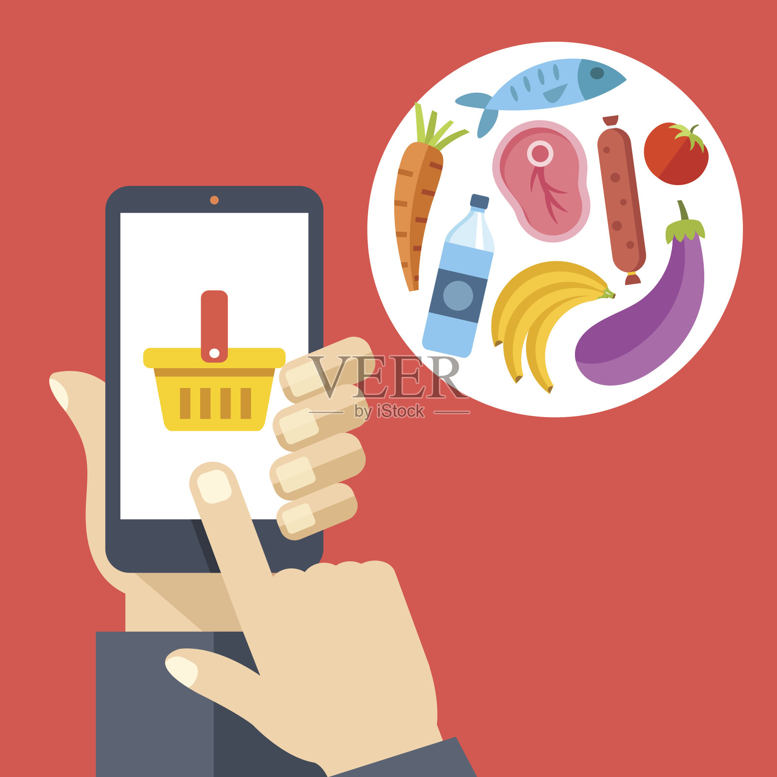 手持智能手机与购物篮，食品。网上买插画图片素材