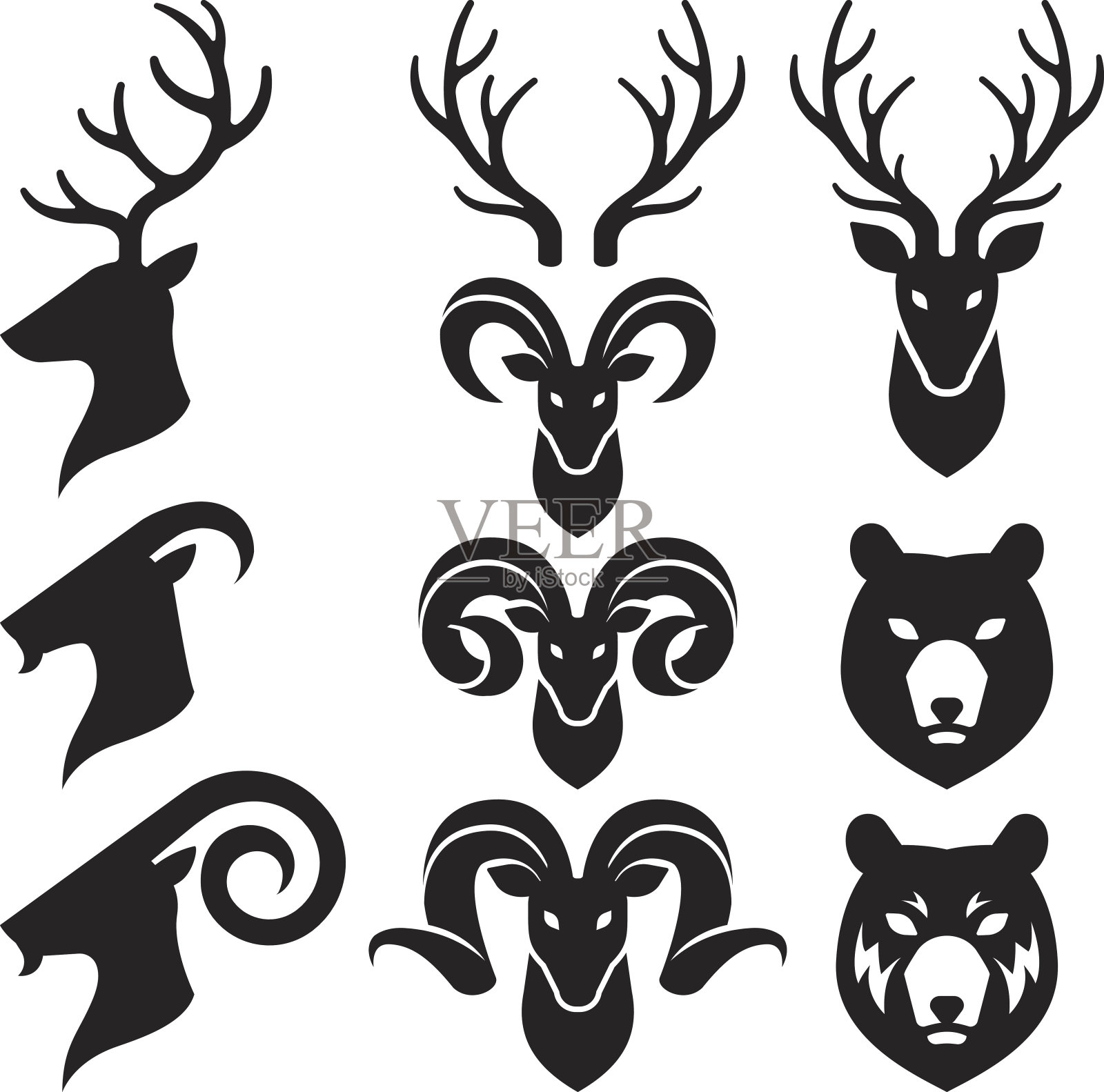动物角和头图标集。山羊，鹿和熊。插画图片素材