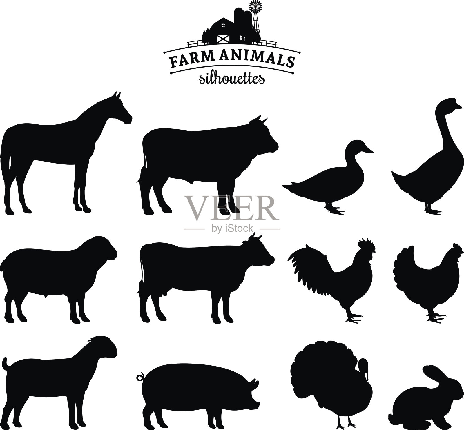 矢量农场动物轮廓孤立在白色设计元素图片