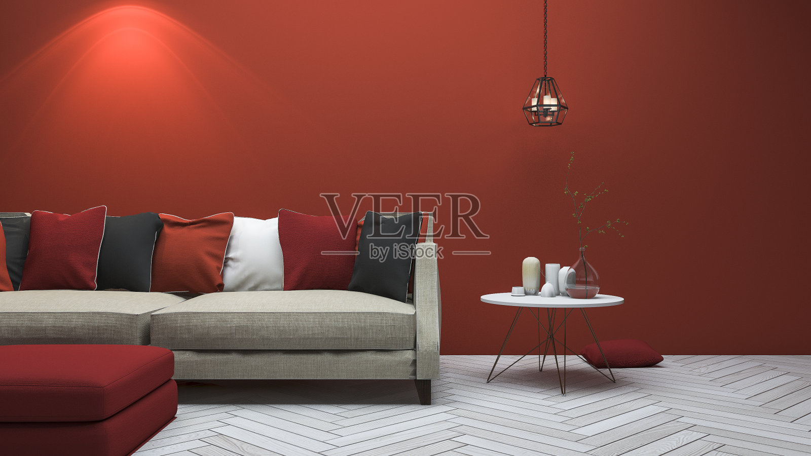 3d渲染红色现代风格的客厅与最小的装饰照片摄影图片