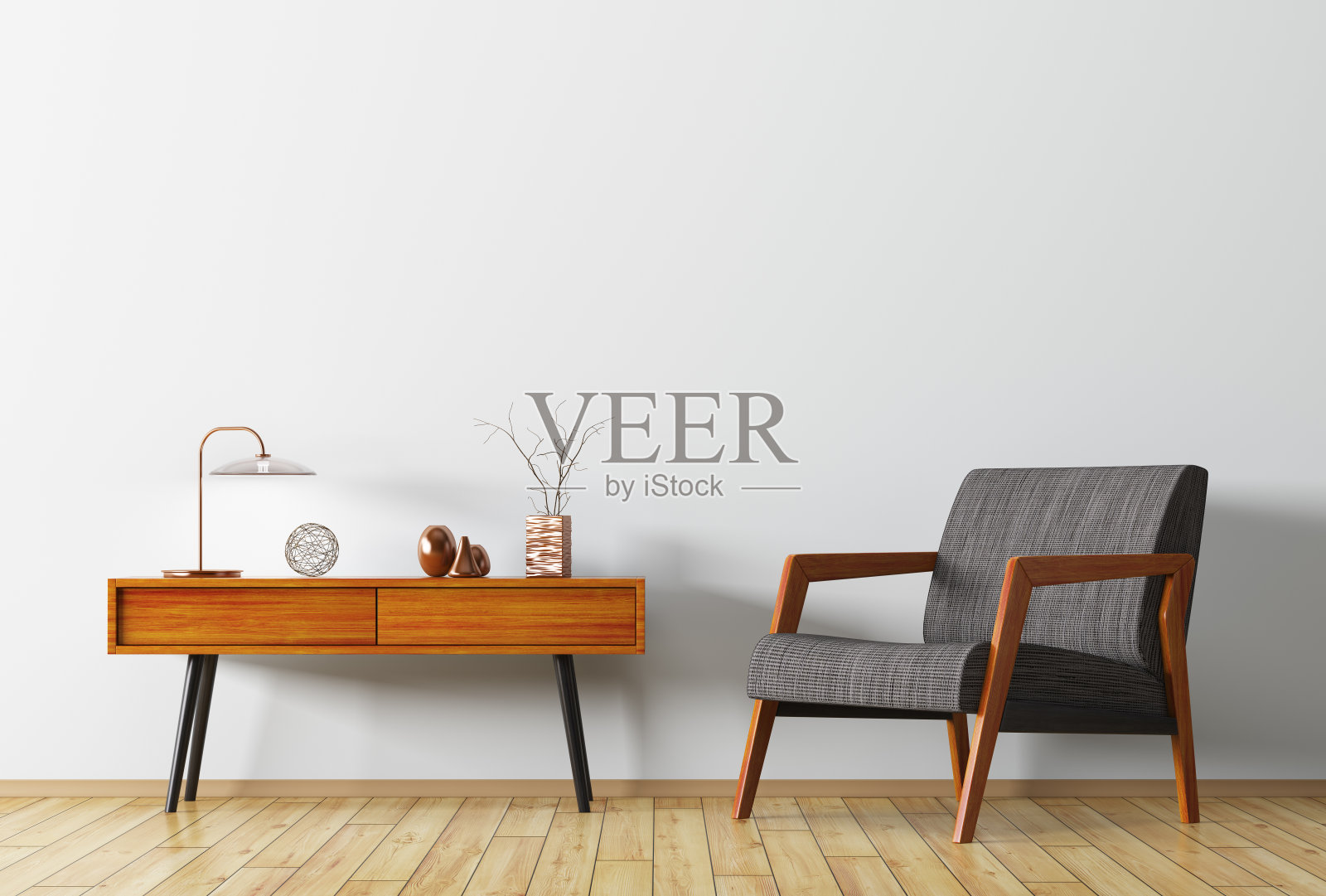 室内木制边桌和3d渲染扶手椅背景图片素材