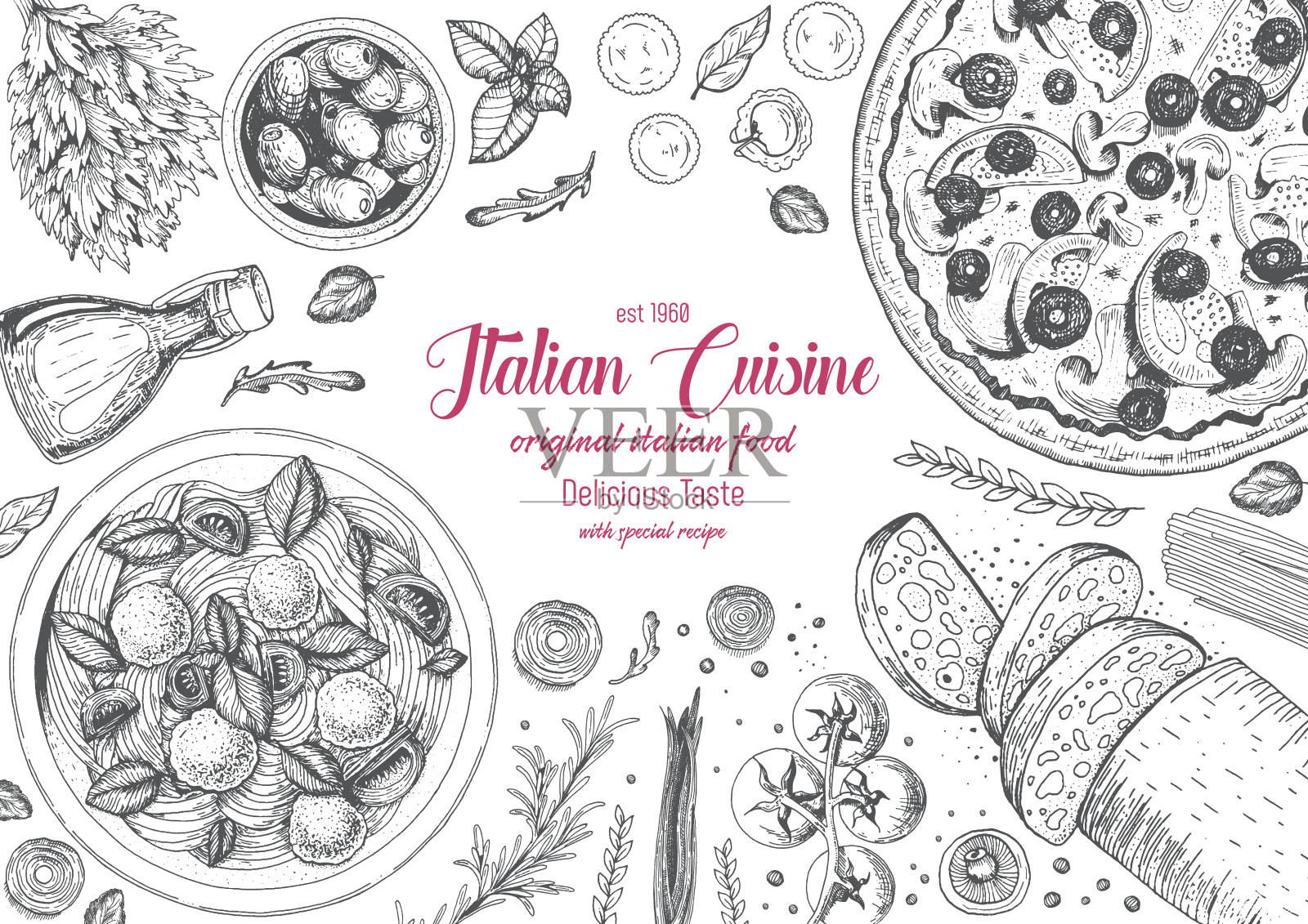 意大利美食俯视图框架。插画图片素材