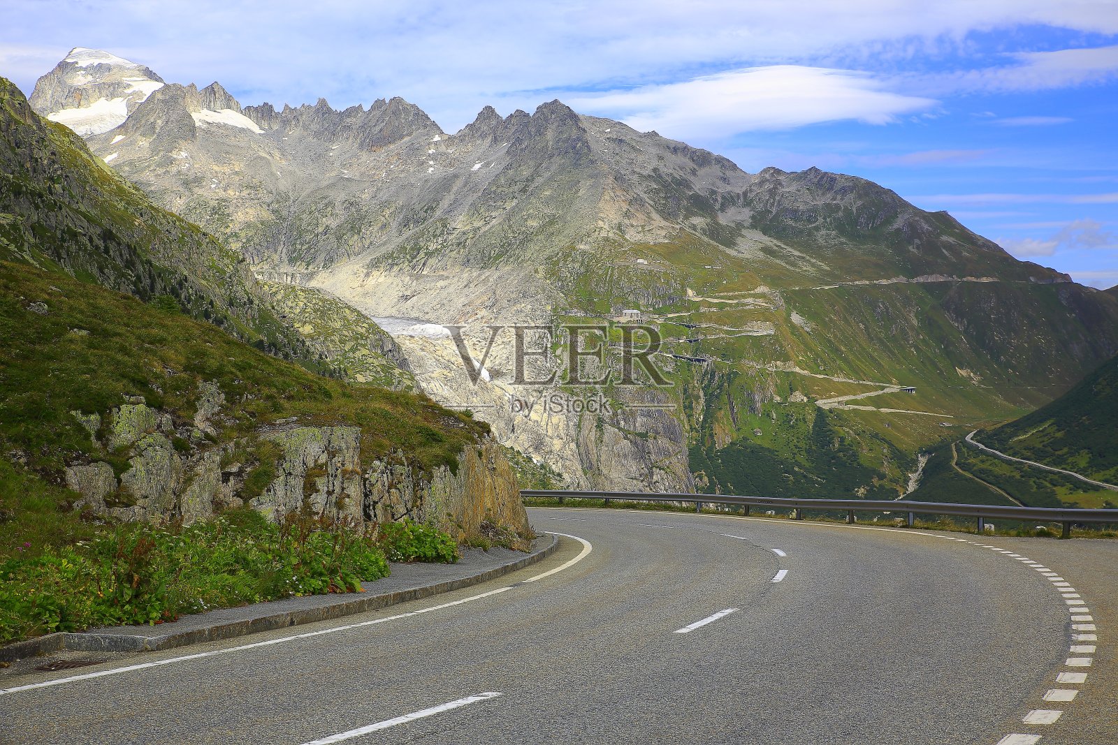 福尔卡山口阿尔卑斯景观从格里姆塞尔山口，路穿越瑞士阿尔卑斯山照片摄影图片