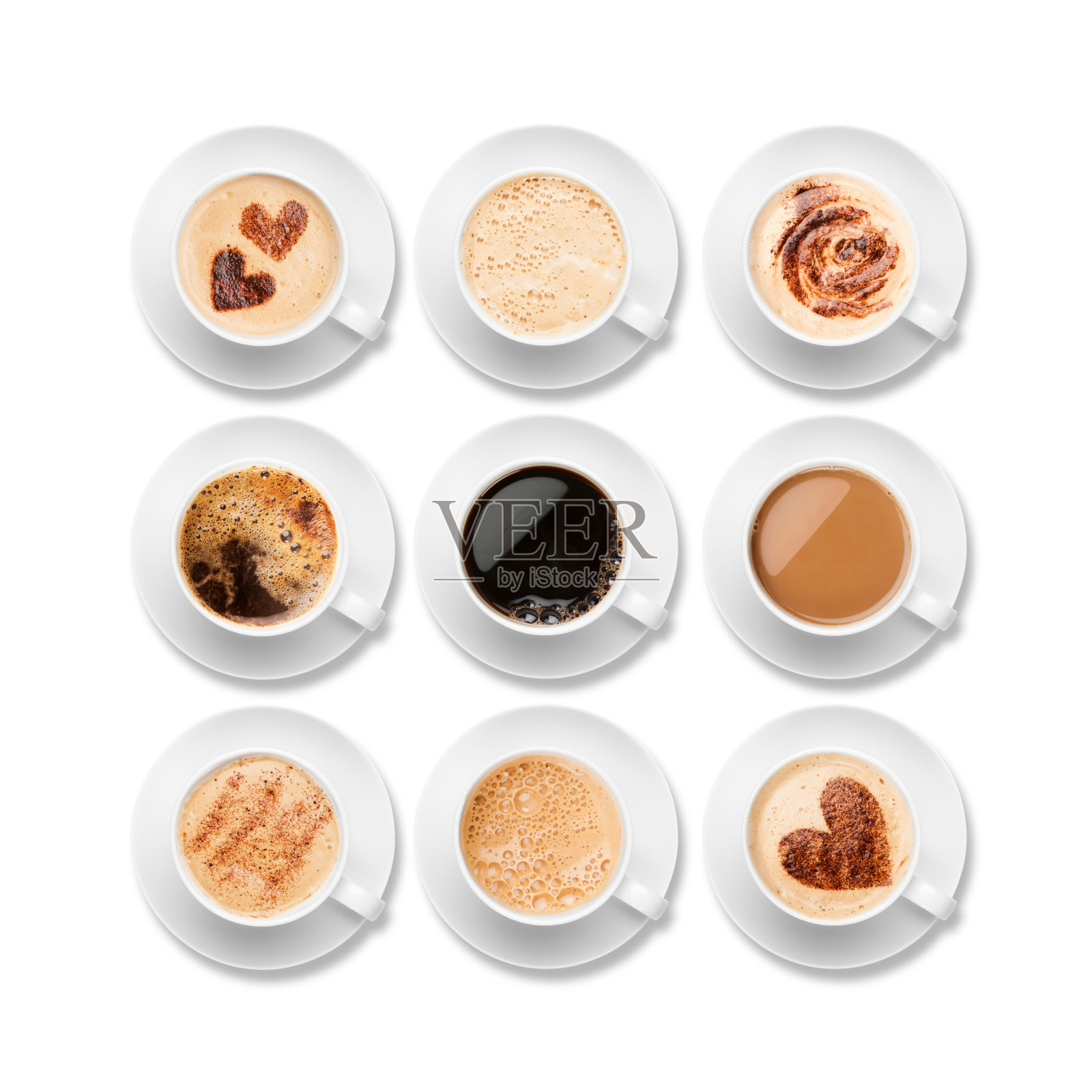 九种不同的咖啡装在配有茶托的白色杯子里照片摄影图片