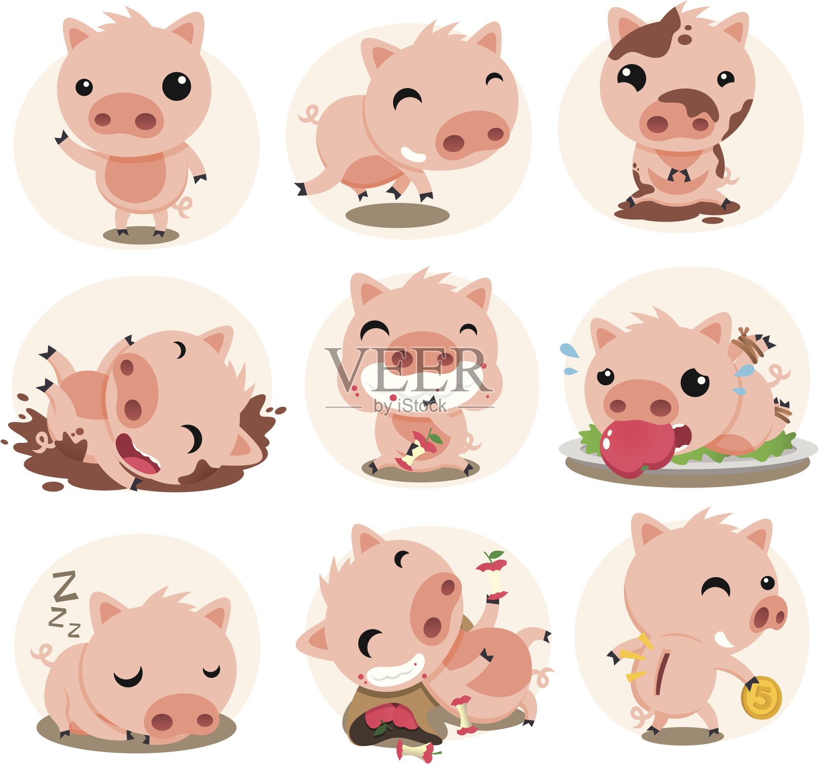 可爱的小猪在行动集合插画图片素材