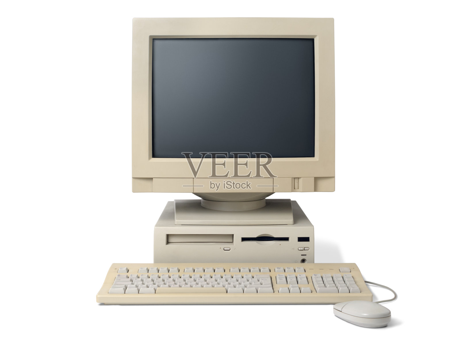 老式的白色台式机，有键盘和鼠标照片摄影图片