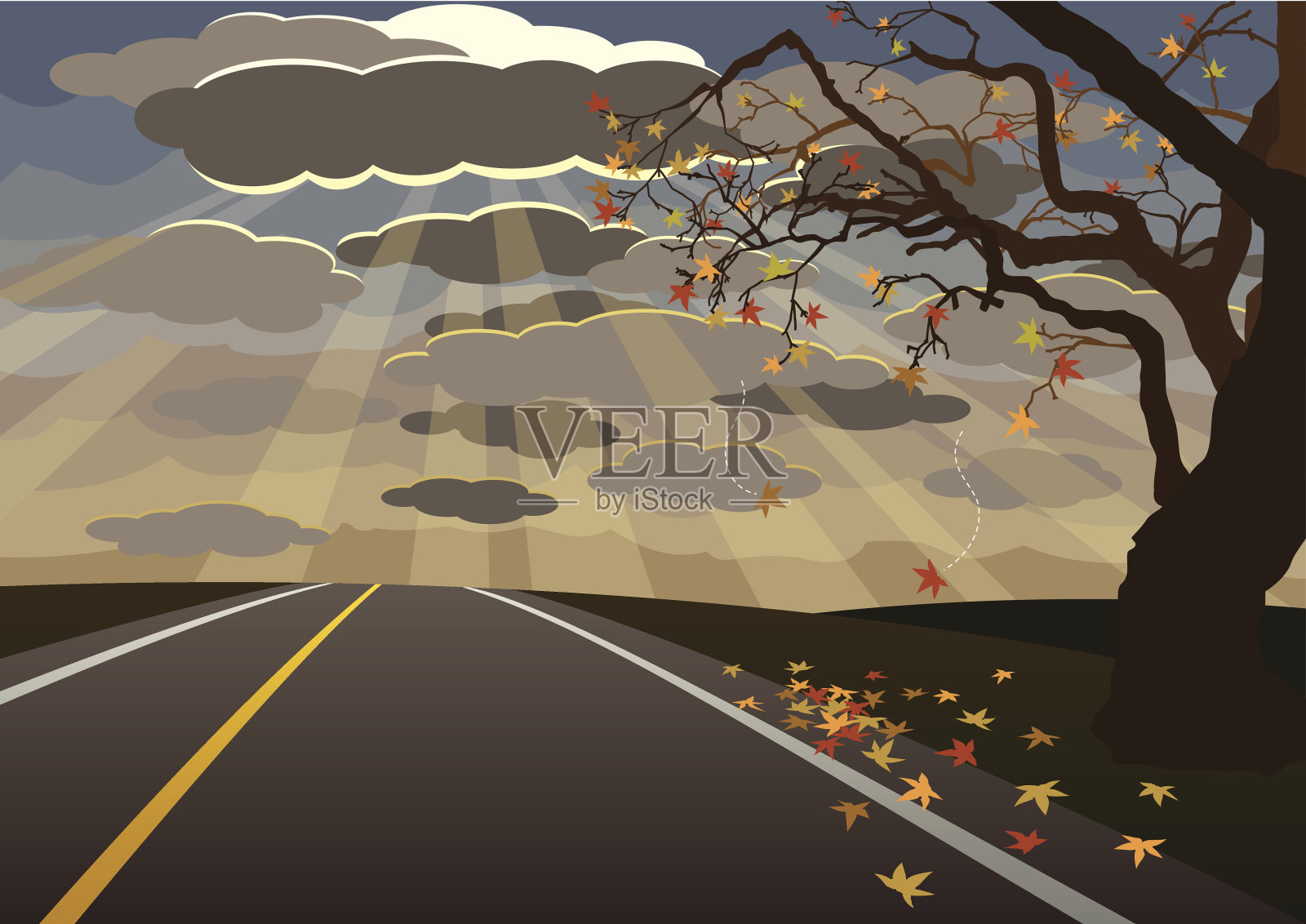 秋天的乡间小路插画图片素材