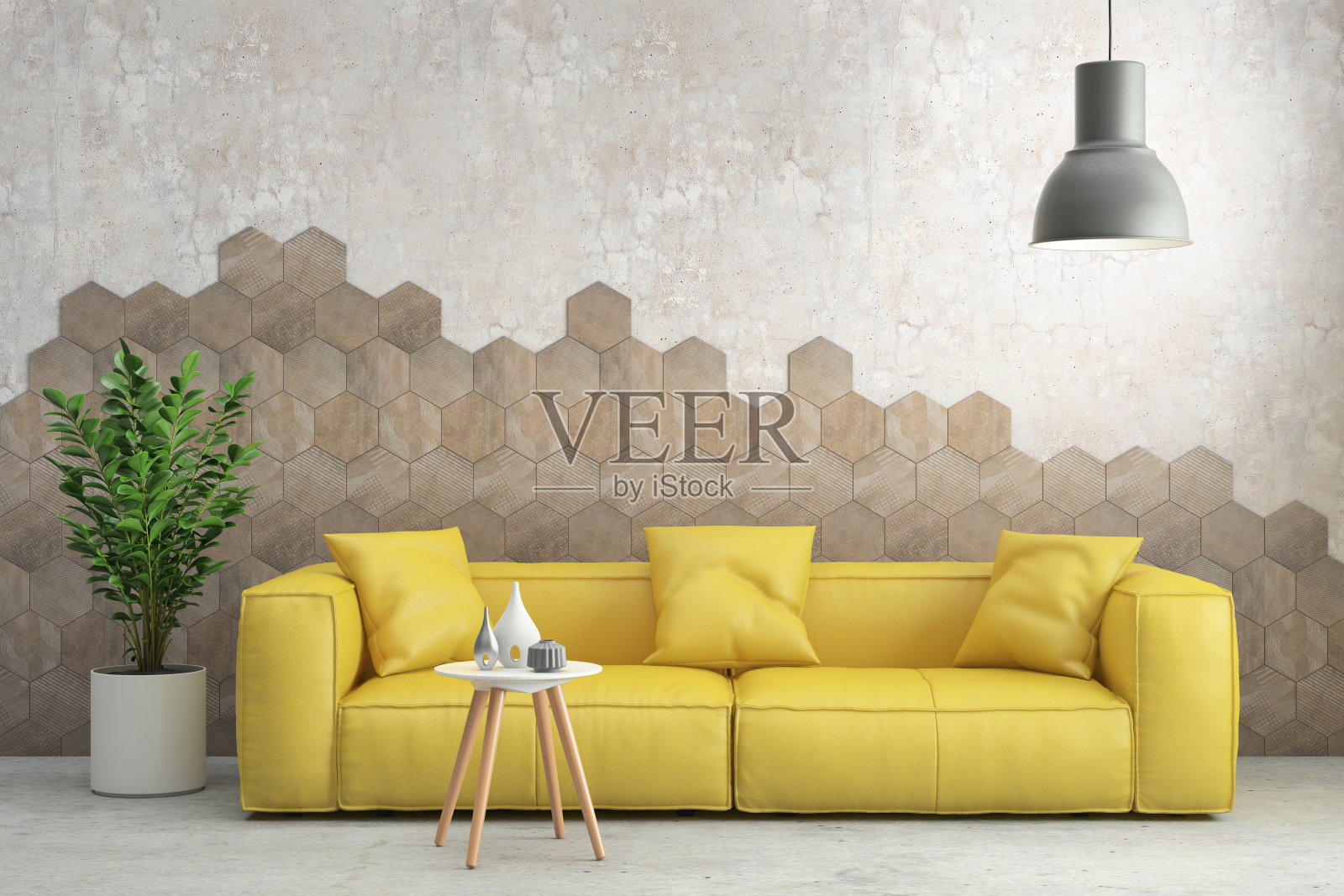 现代时尚的室内客厅与黄色沙发插画图片素材