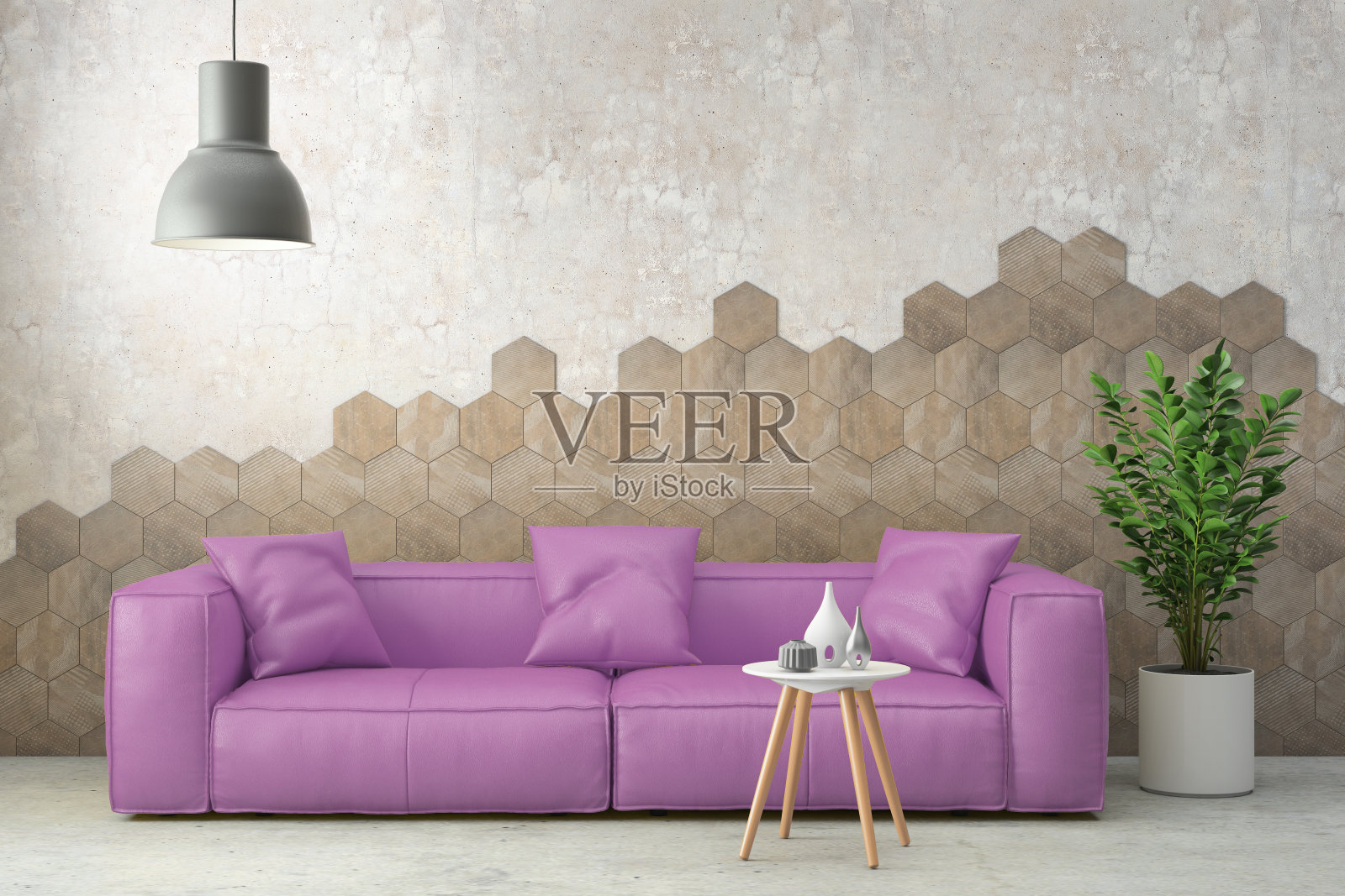 极简主义现代室内客厅与紫色沙发和海报框架照片摄影图片